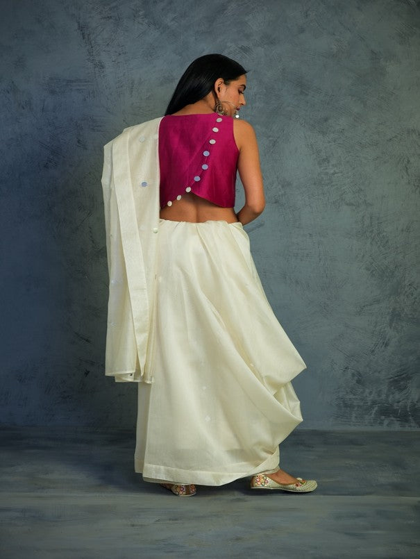 CHANDERI OFF WHITE SARI WITH PINK SLEEVELESS BLOUSE