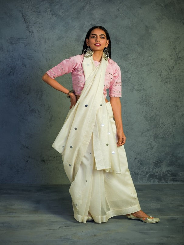 CHANDERI OFF WHITE SARI WITH EMBROIDERED BLOUSE WITH SLEEVES