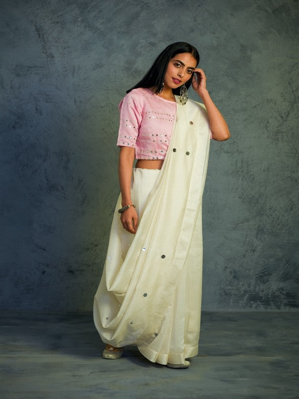 CHANDERI OFF WHITE SARI WITH EMBROIDERED BLOUSE WITH SLEEVES