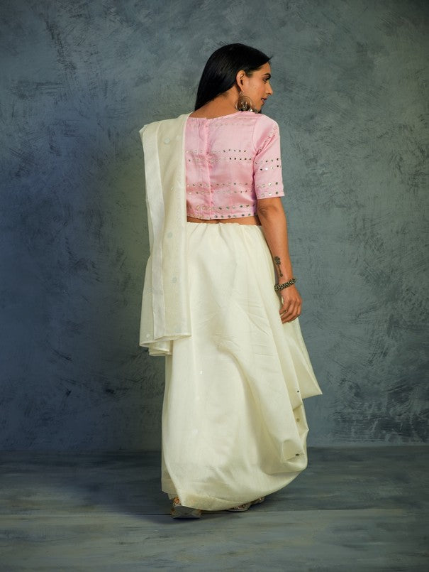 CHANDERI OFF WHITE SARI WITH EMBROIDERED BLOUSE WITH SLEEVES