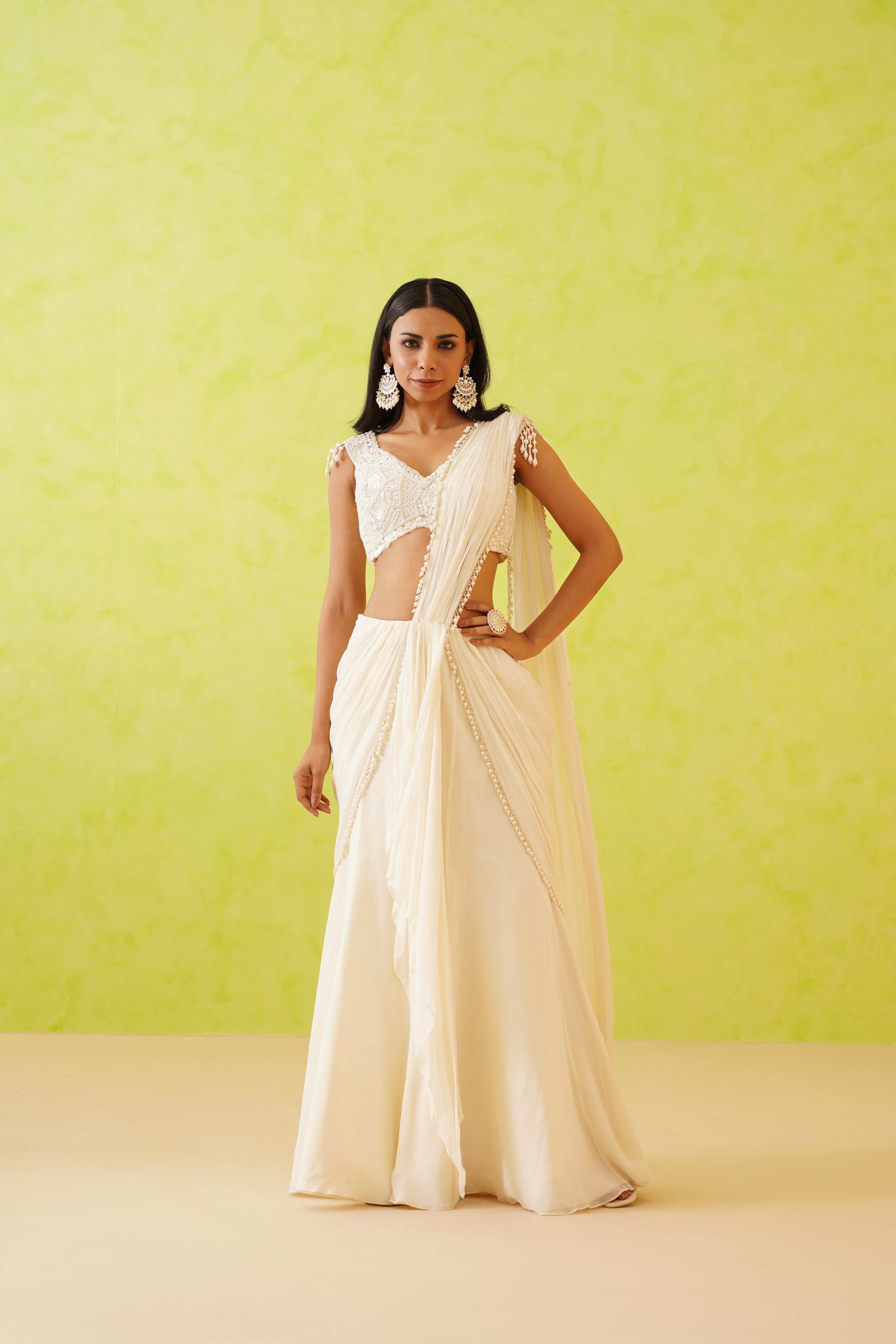 WHITE DRAPE SAREE AND EMBROIDERED BLOUSE SET