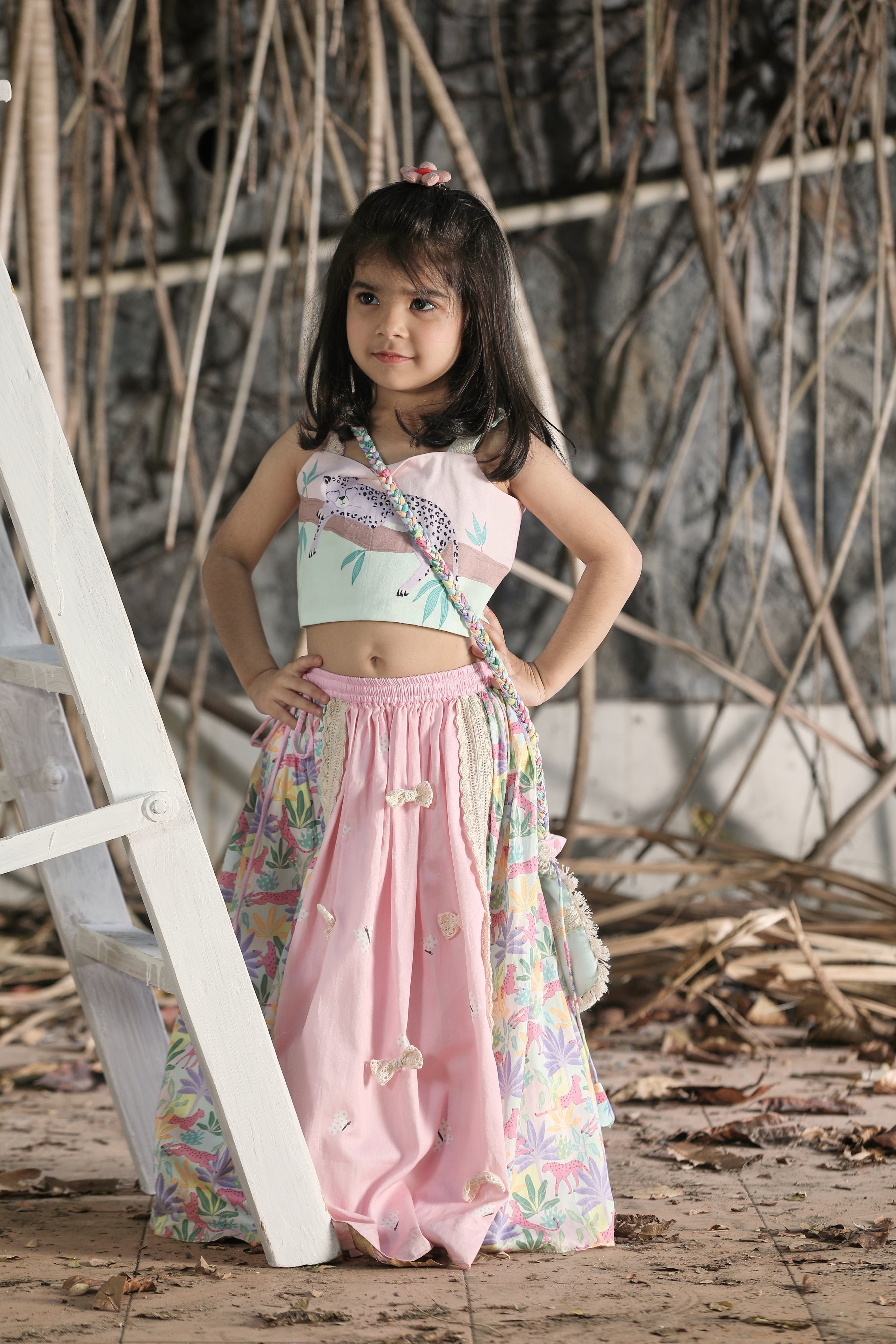 Tropical Print and Pink lehenga, Strappy Blouse and Potli Bag Set