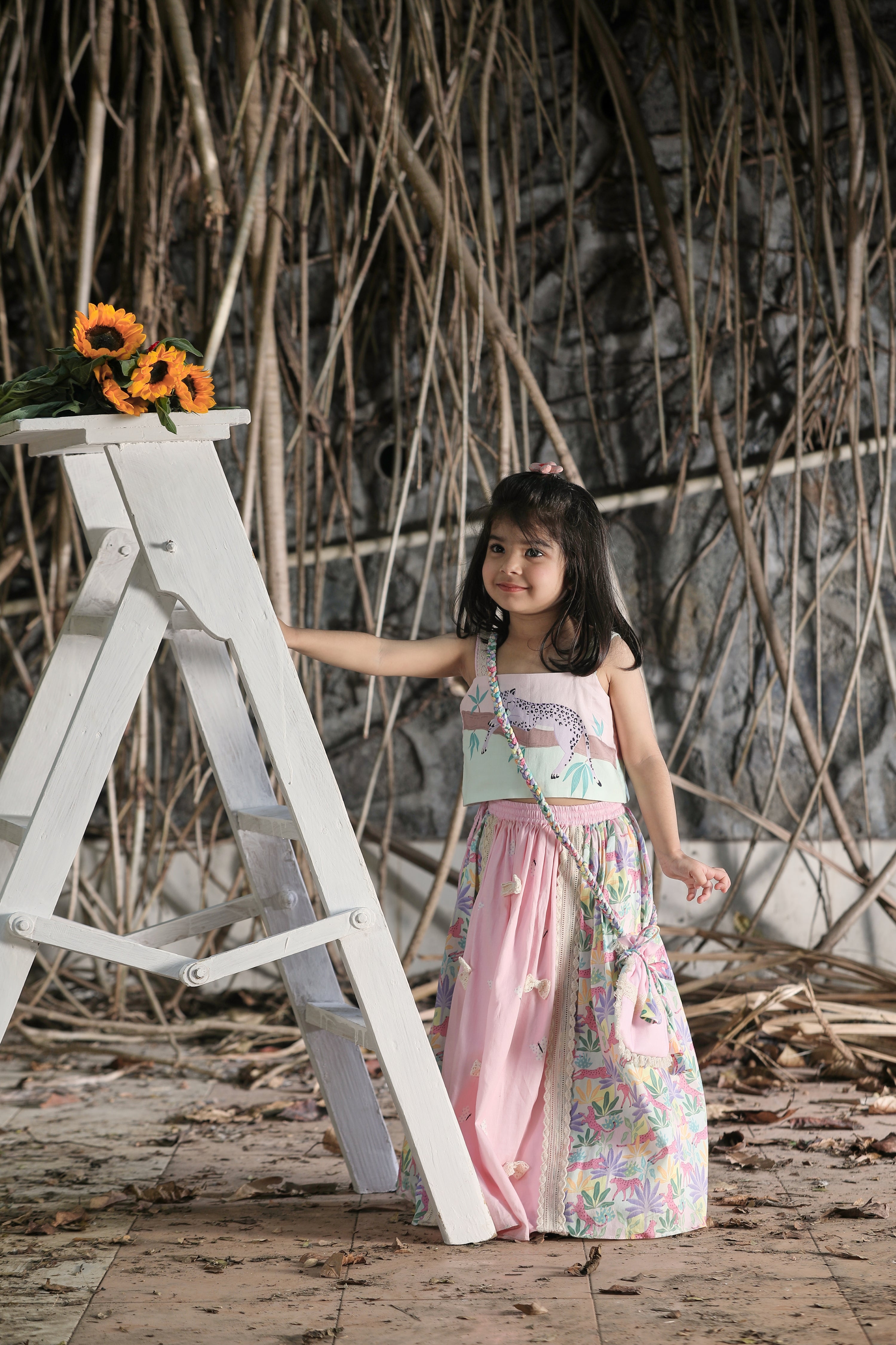 Tropical Print and Pink lehenga, Strappy Blouse and Potli Bag Set