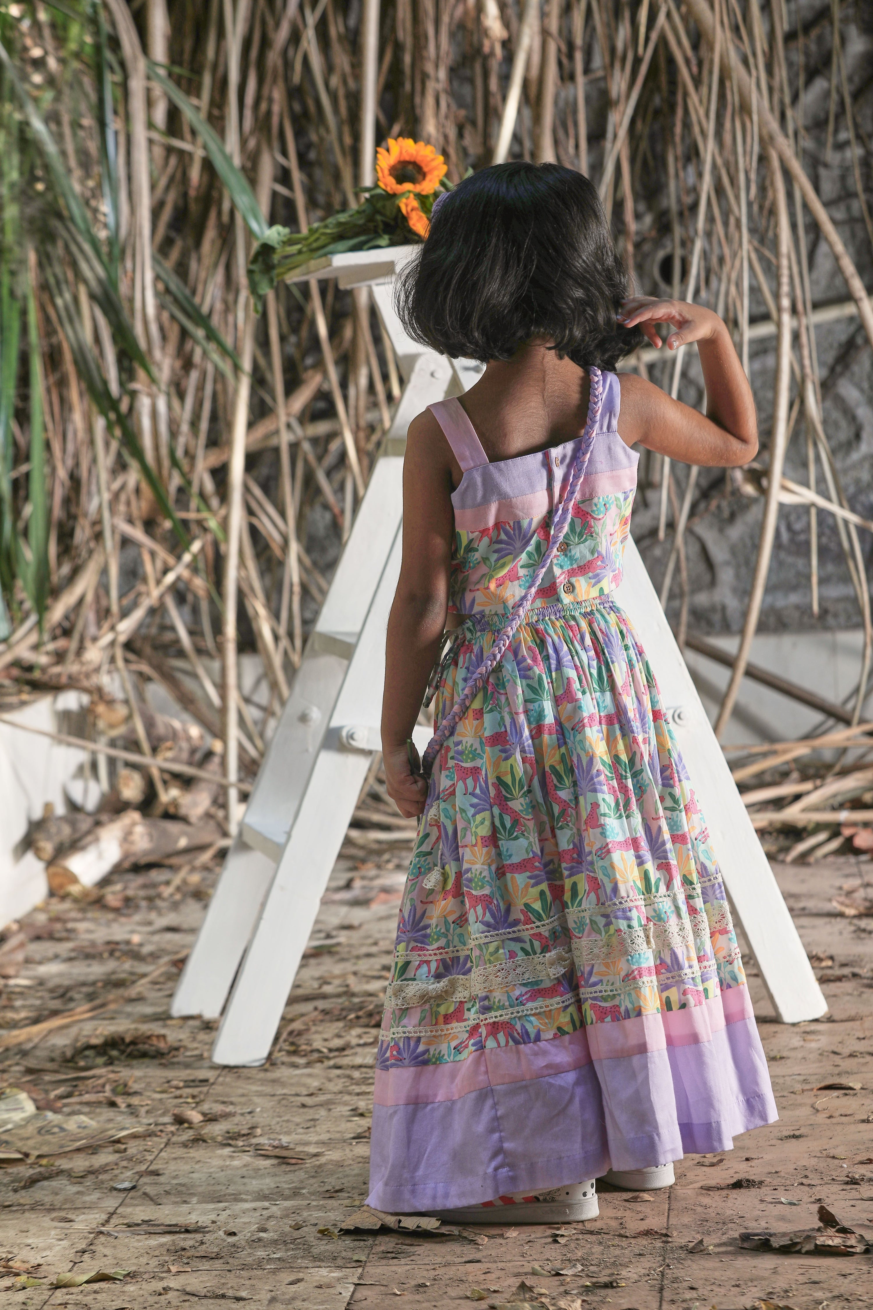 Tropical Print Lehenga, Strappy Blouse and Potli Bag Set