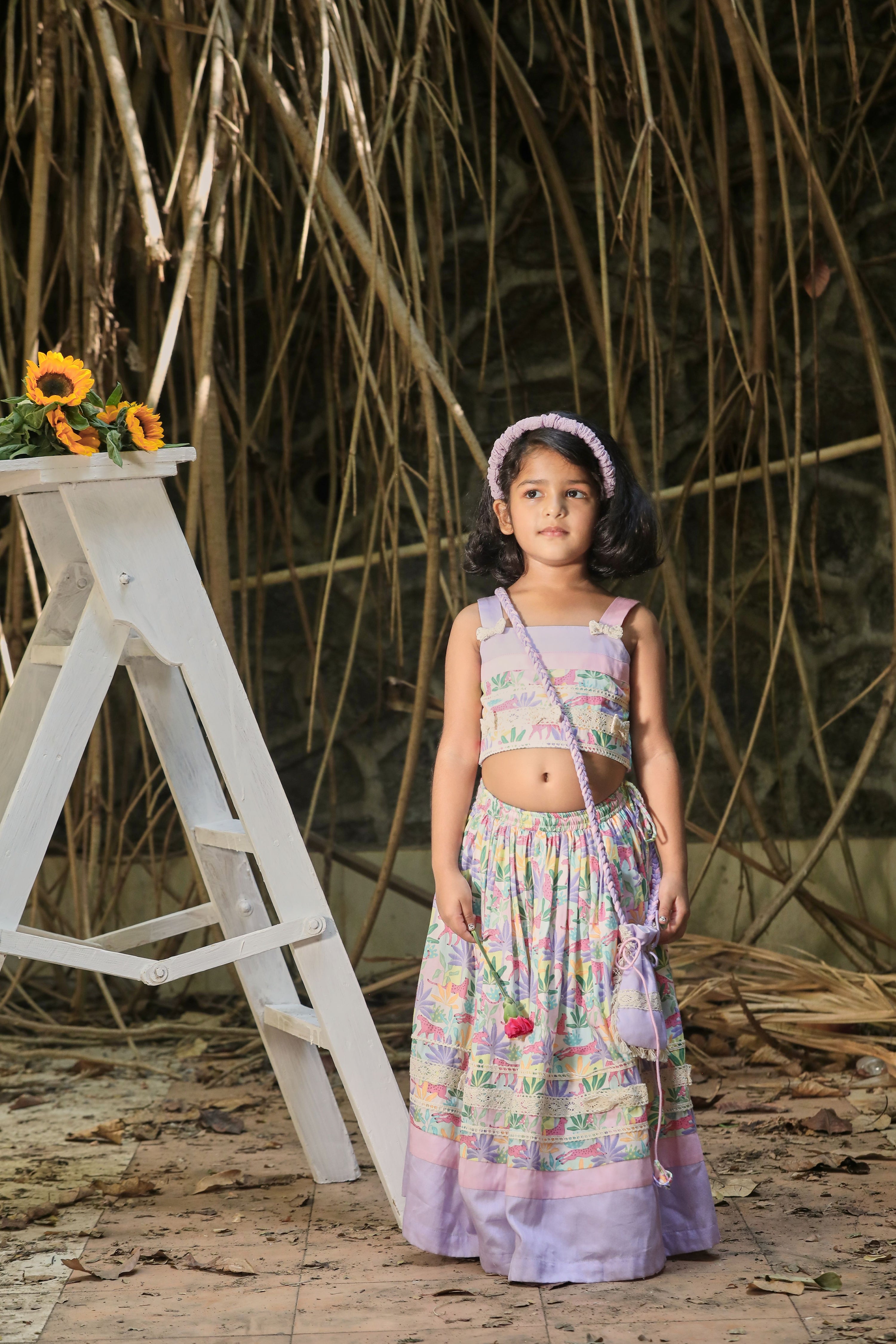 Tropical Print Lehenga, Strappy Blouse and Potli Bag Set