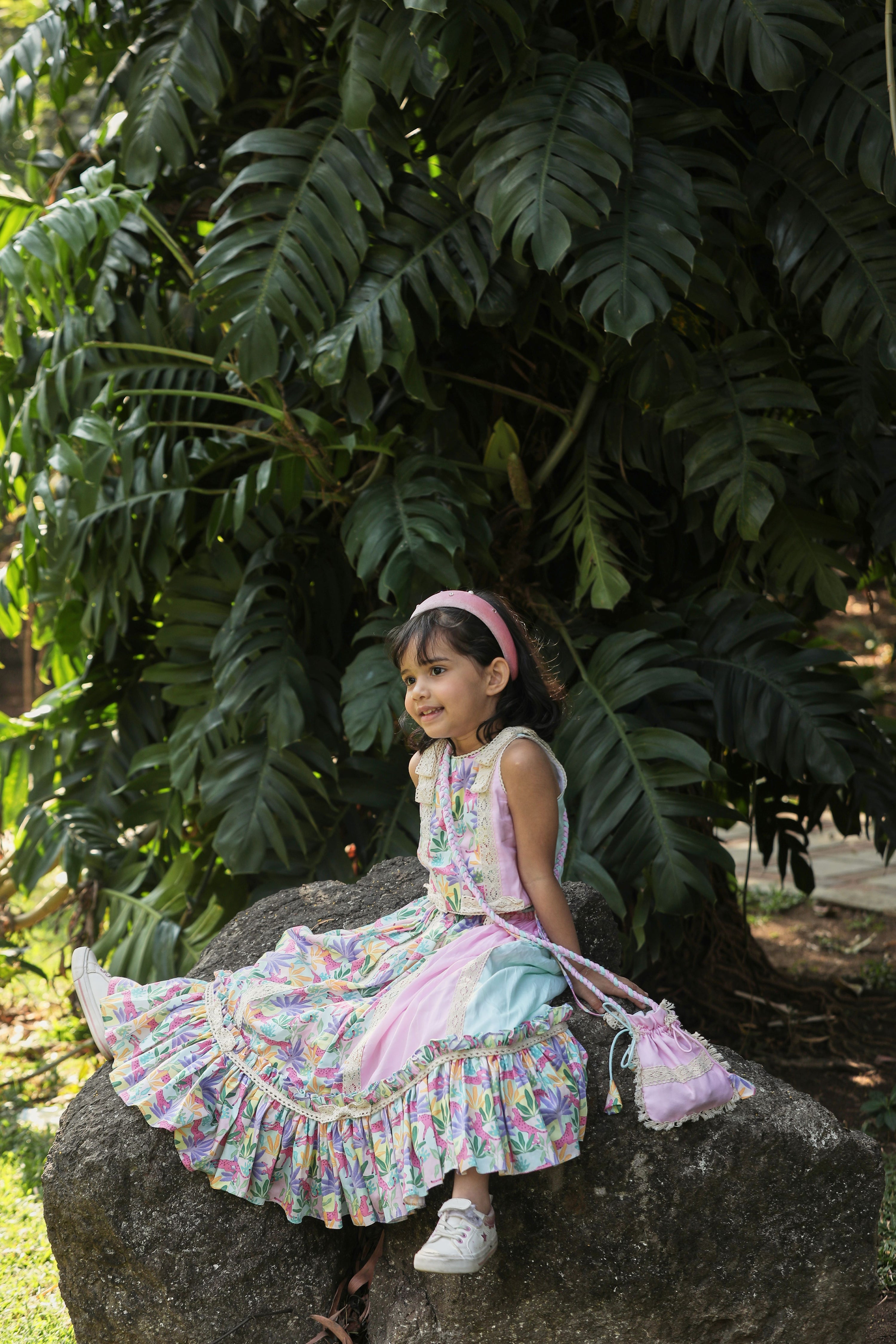 Tropical Print Lehenga with Kalis and Frills, Blouse and Potli Bag Set