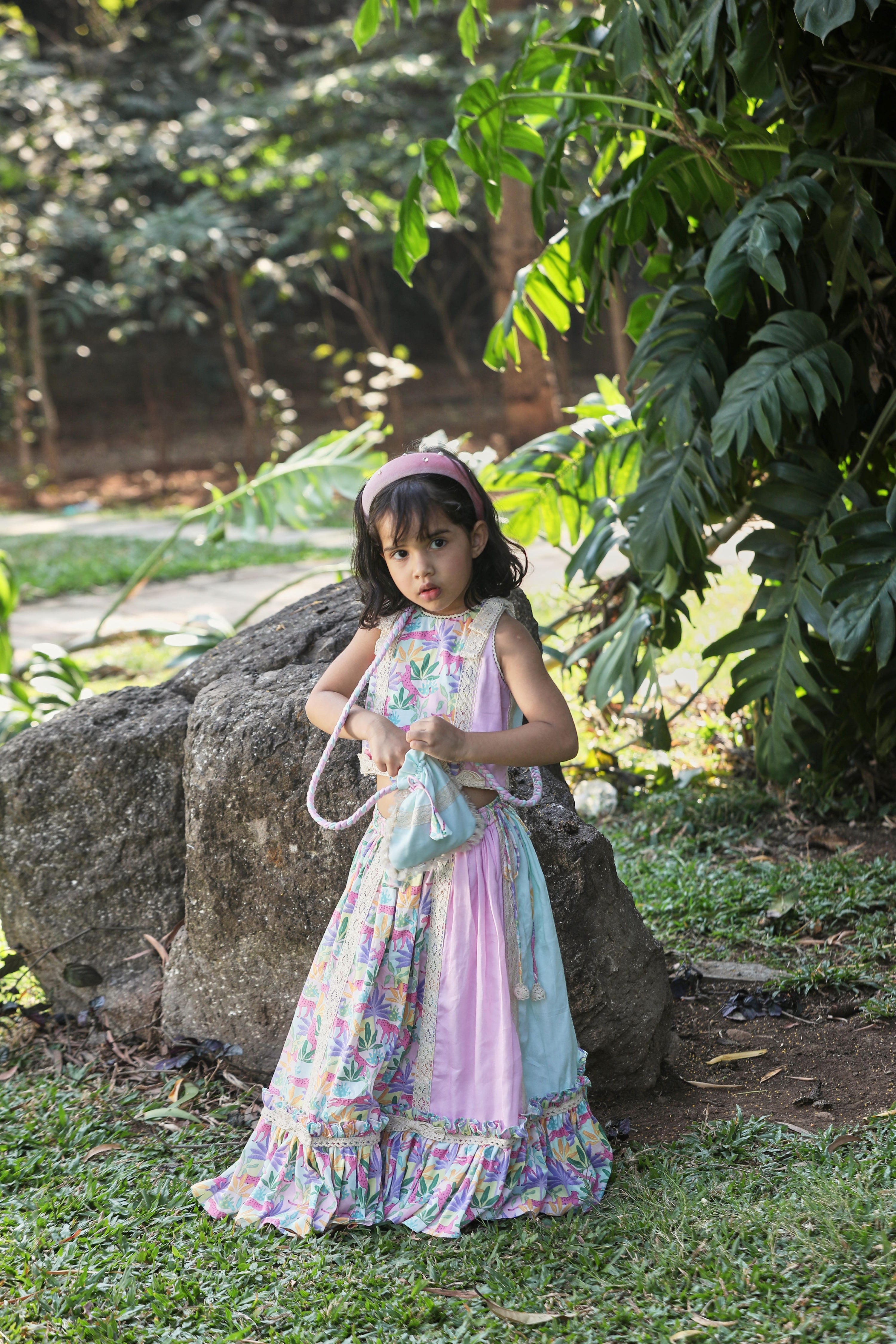 Tropical Print Lehenga with Kalis and Frills, Blouse and Potli Bag Set