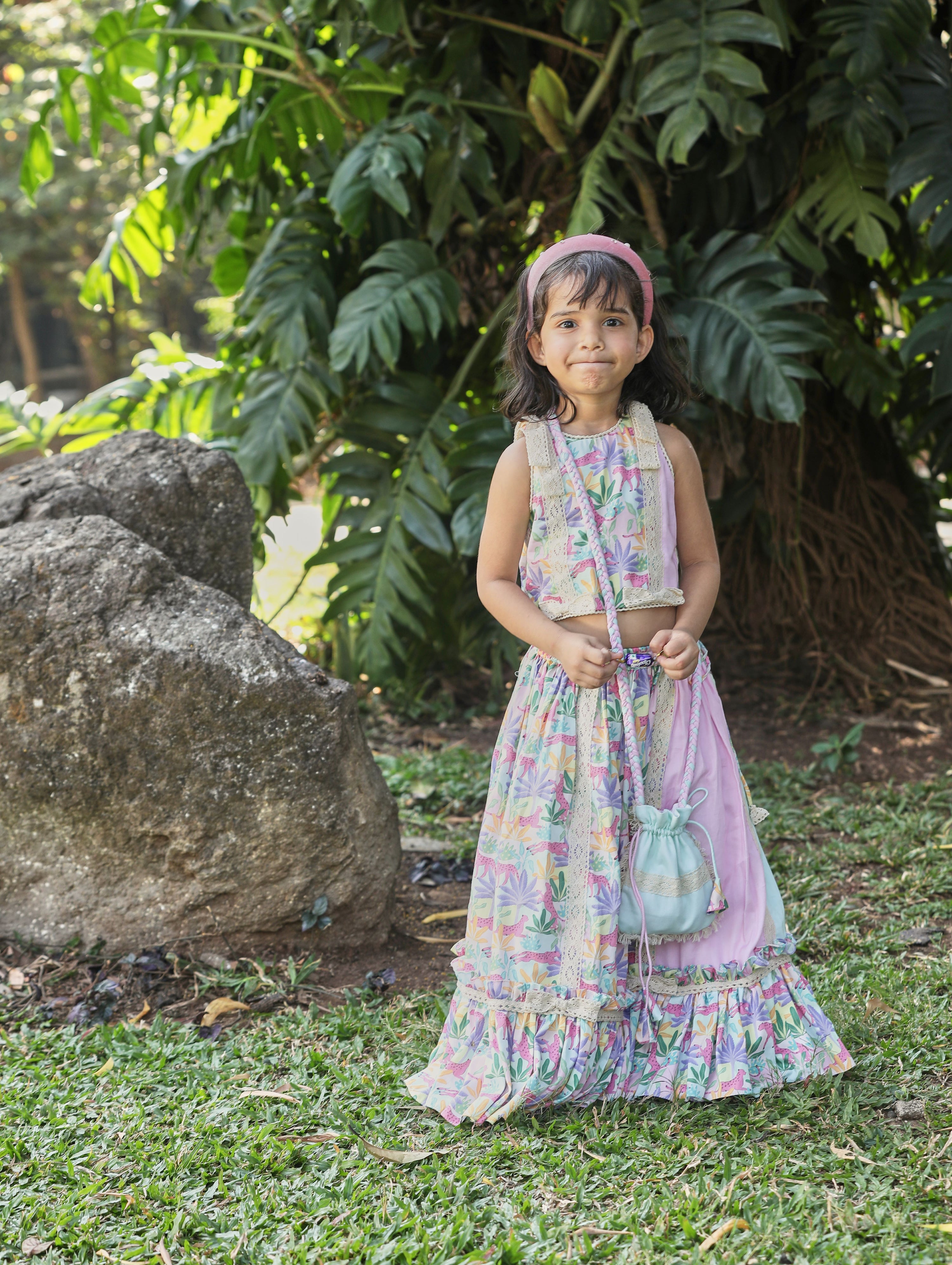 Tropical Print Lehenga with Kalis and Frills, Blouse and Potli Bag Set