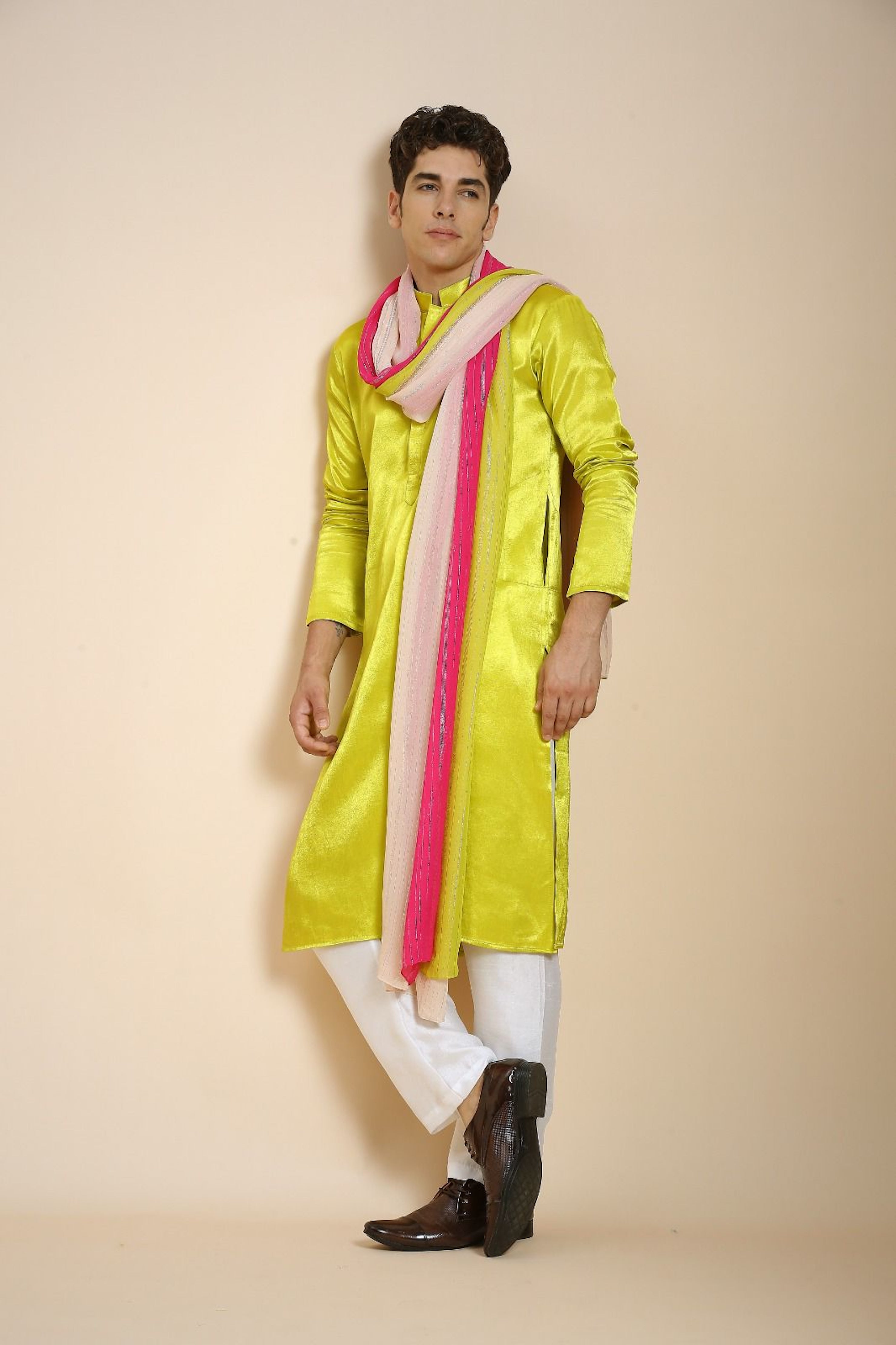 NEON GREEN KURTA WITH WHITE PANT WITH MULTI COLOUR DUPATTA