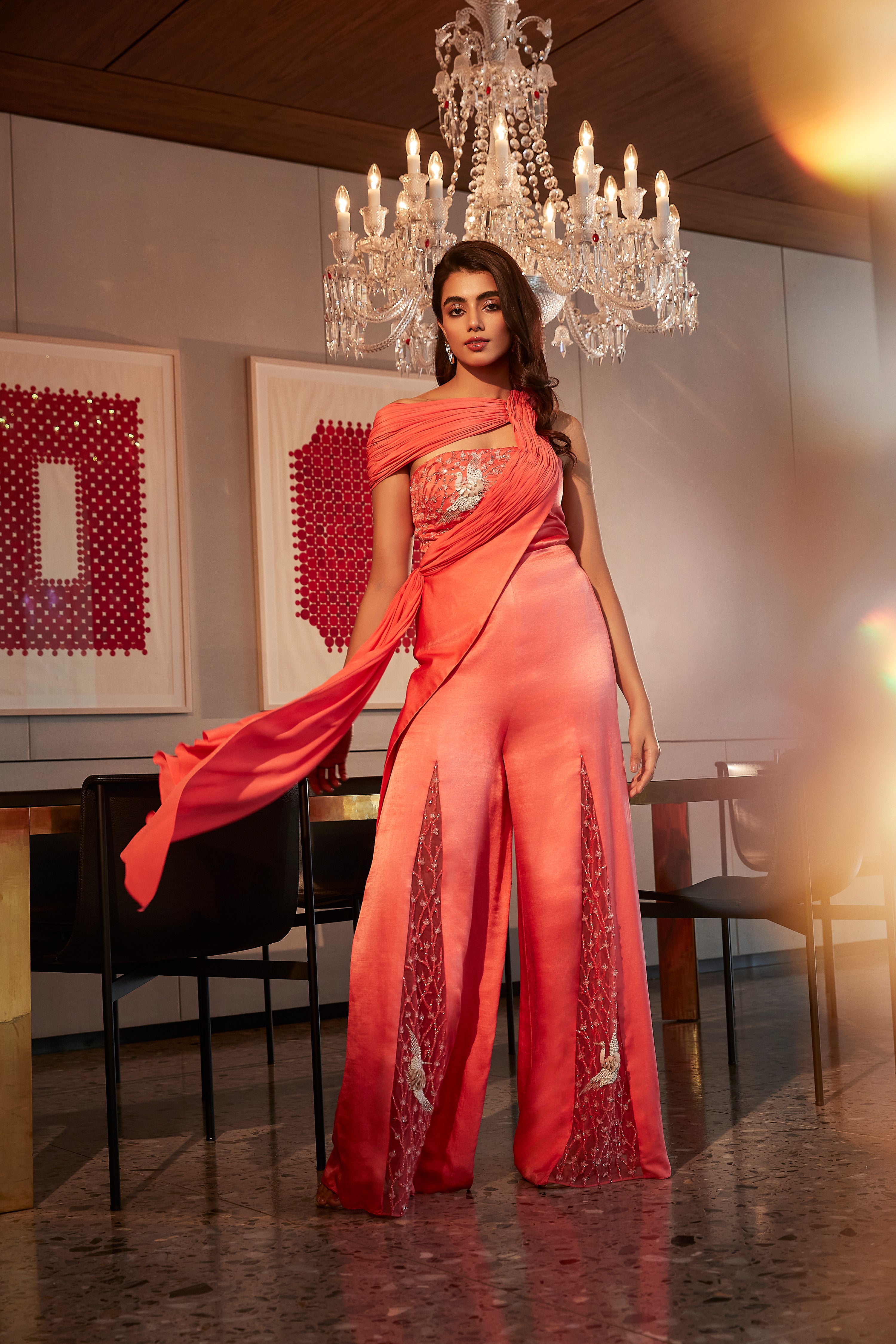 CORAL FLARED SILK JUMPSUIT