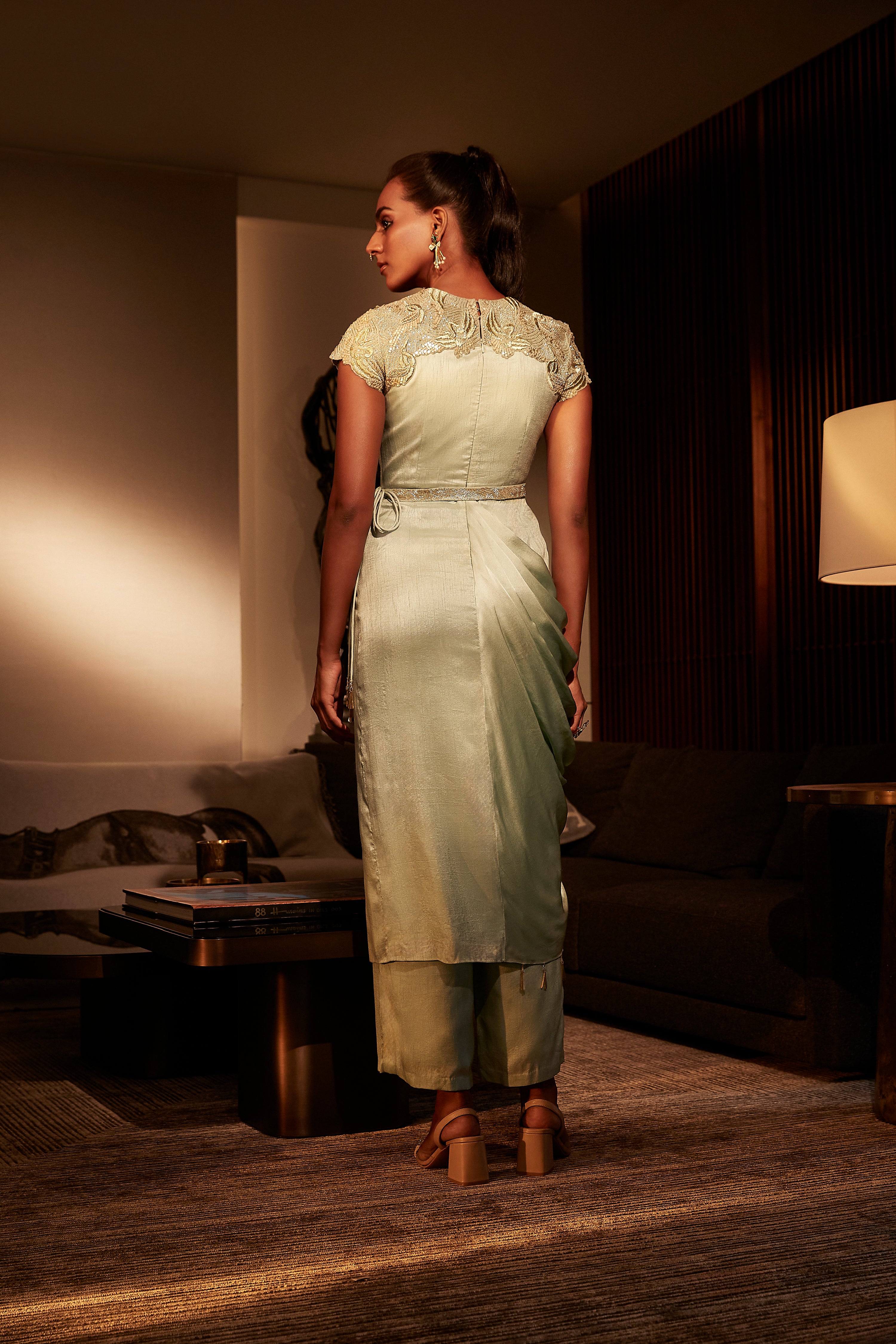 FROSTED MINT SILK DRAPE TOP WITH ALLURING KEYHOLE NECKLINE AND SILK PANTS