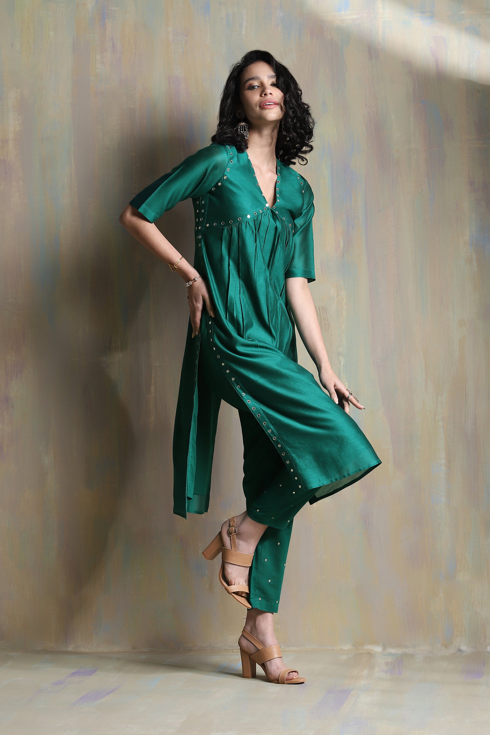 EMERALD GREEN HIGH SLIT KURTA SET