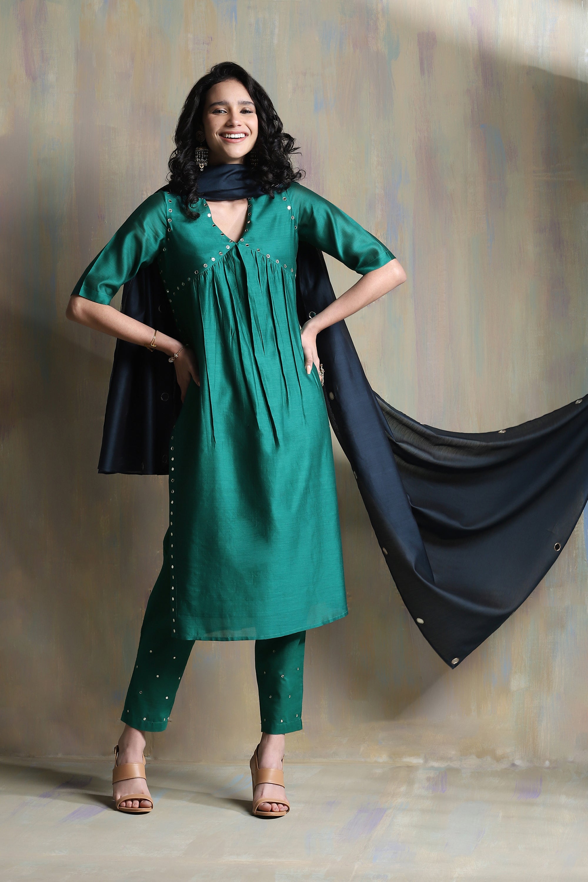 EMERALD GREEN HIGH SLIT KURTA SET