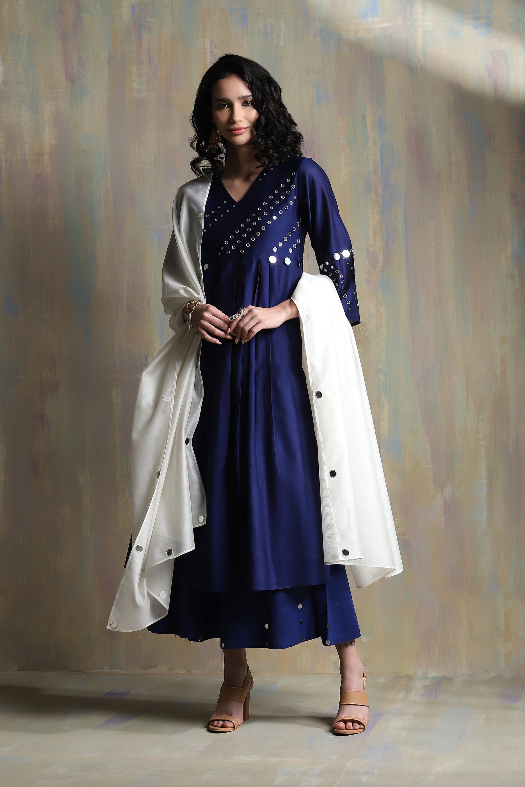 SAPPHIRE BLUE BELL SLEEVES KURTA SET WITH WHITE DUPATTA