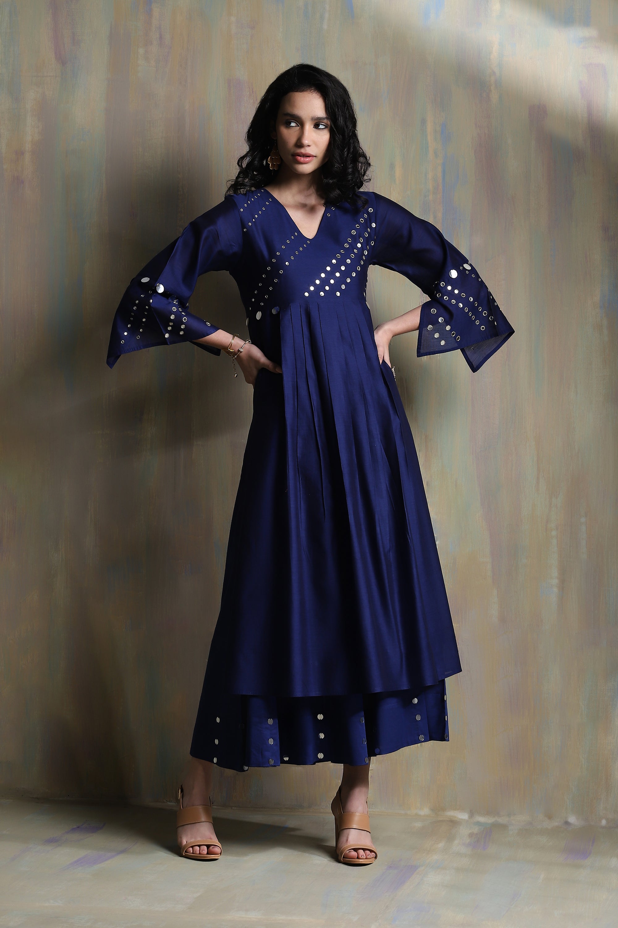 SAPPHIRE BLUE BELL SLEEVES KURTA SET WITH WHITE DUPATTA