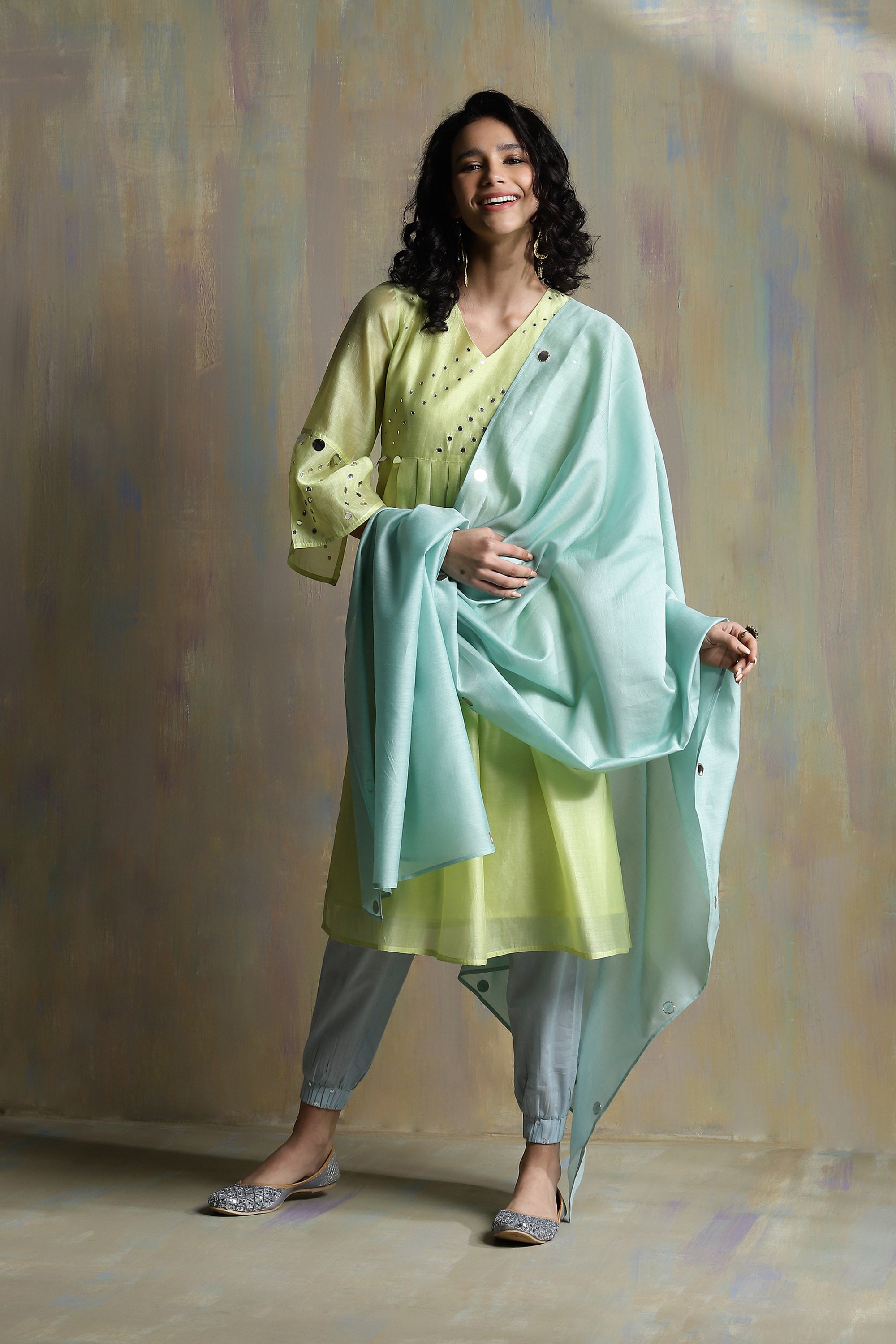 LIME YELLOW CHANDERI KURTA SET WITH JOGGER