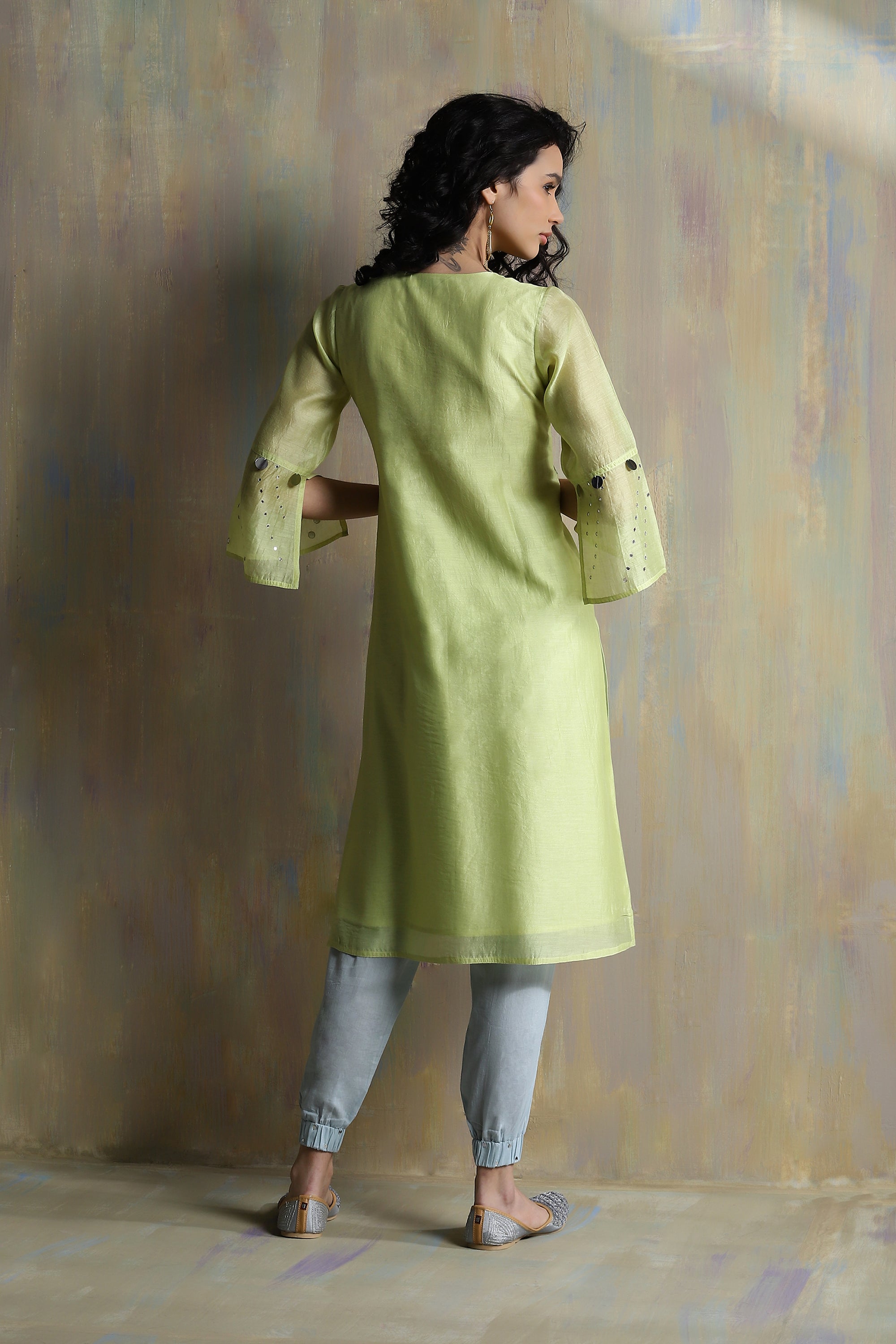 LIME YELLOW CHANDERI KURTA SET WITH JOGGER