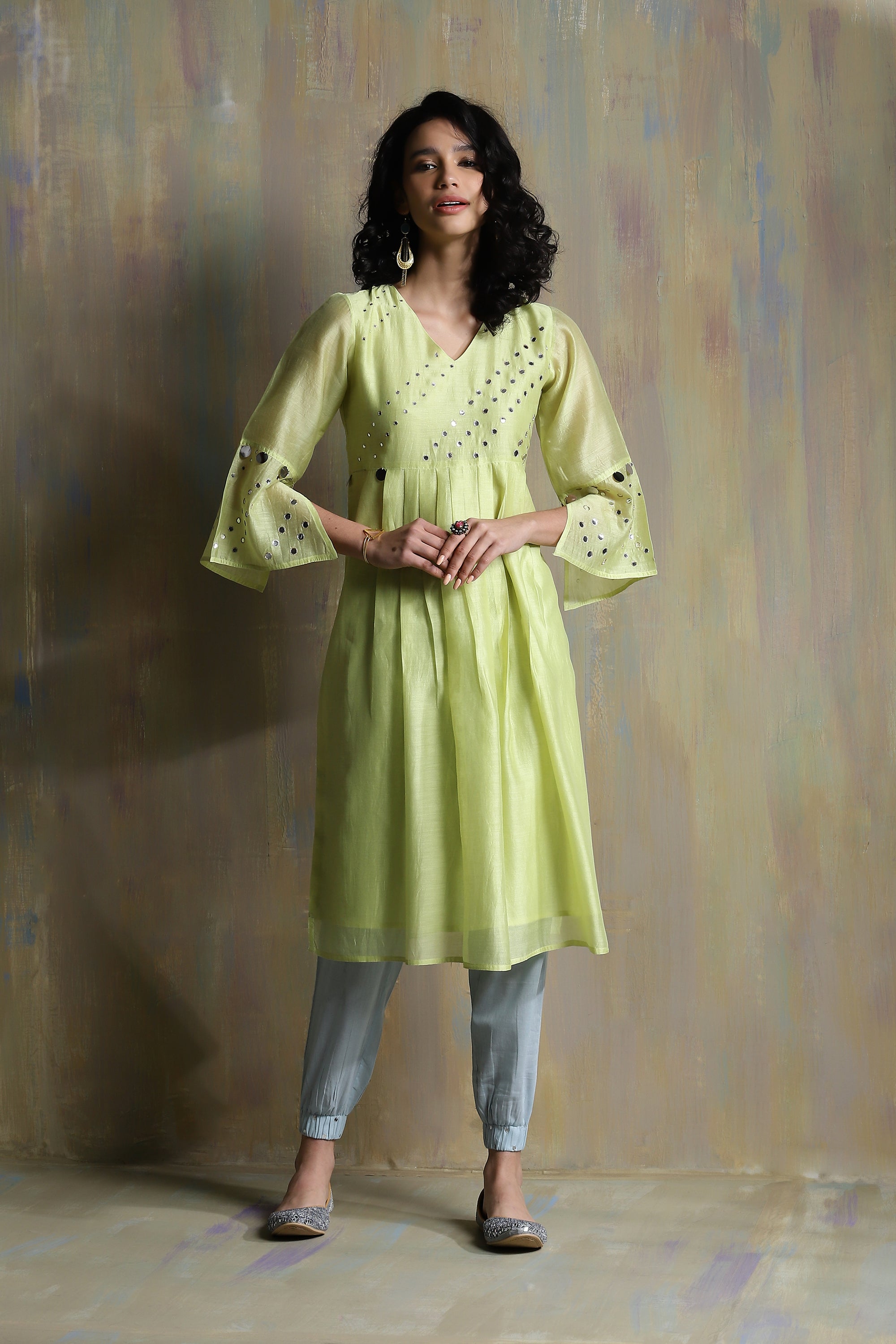 LIME YELLOW CHANDERI KURTA SET WITH JOGGER