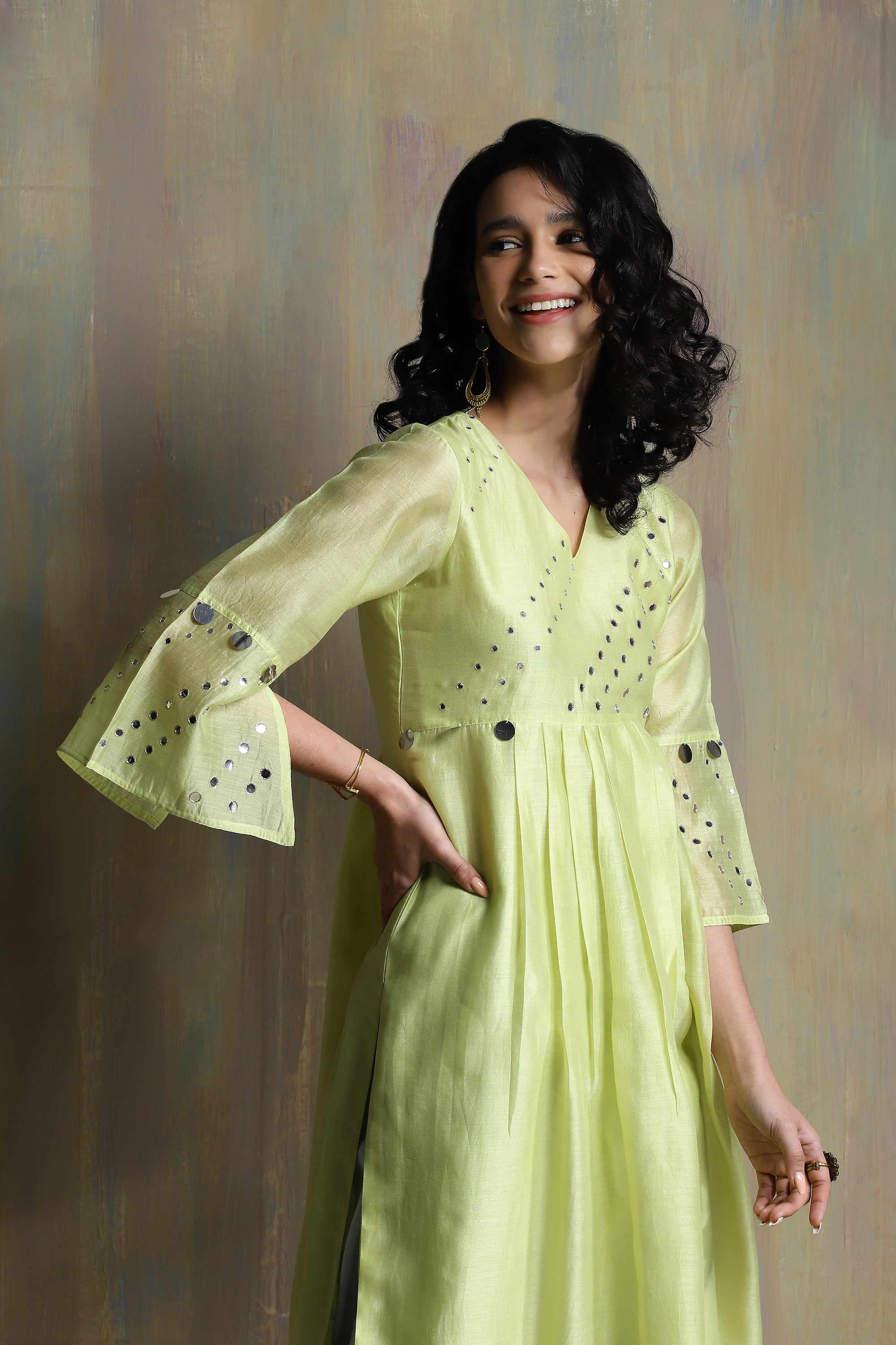 LIME YELLOW CHANDERI KURTA SET WITH JOGGER