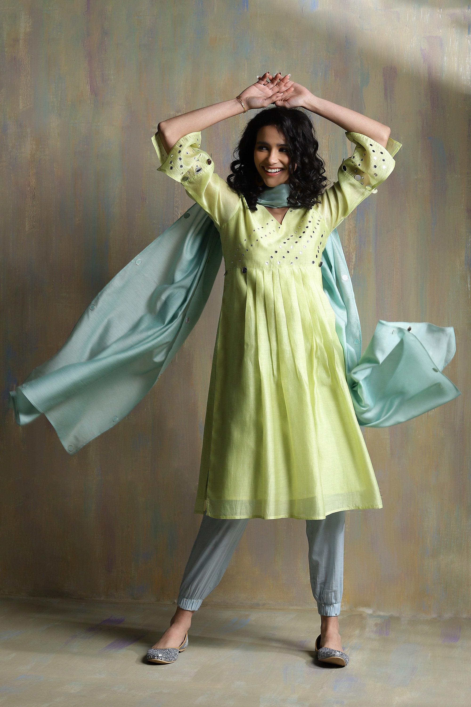 LIME YELLOW CHANDERI KURTA SET WITH JOGGER