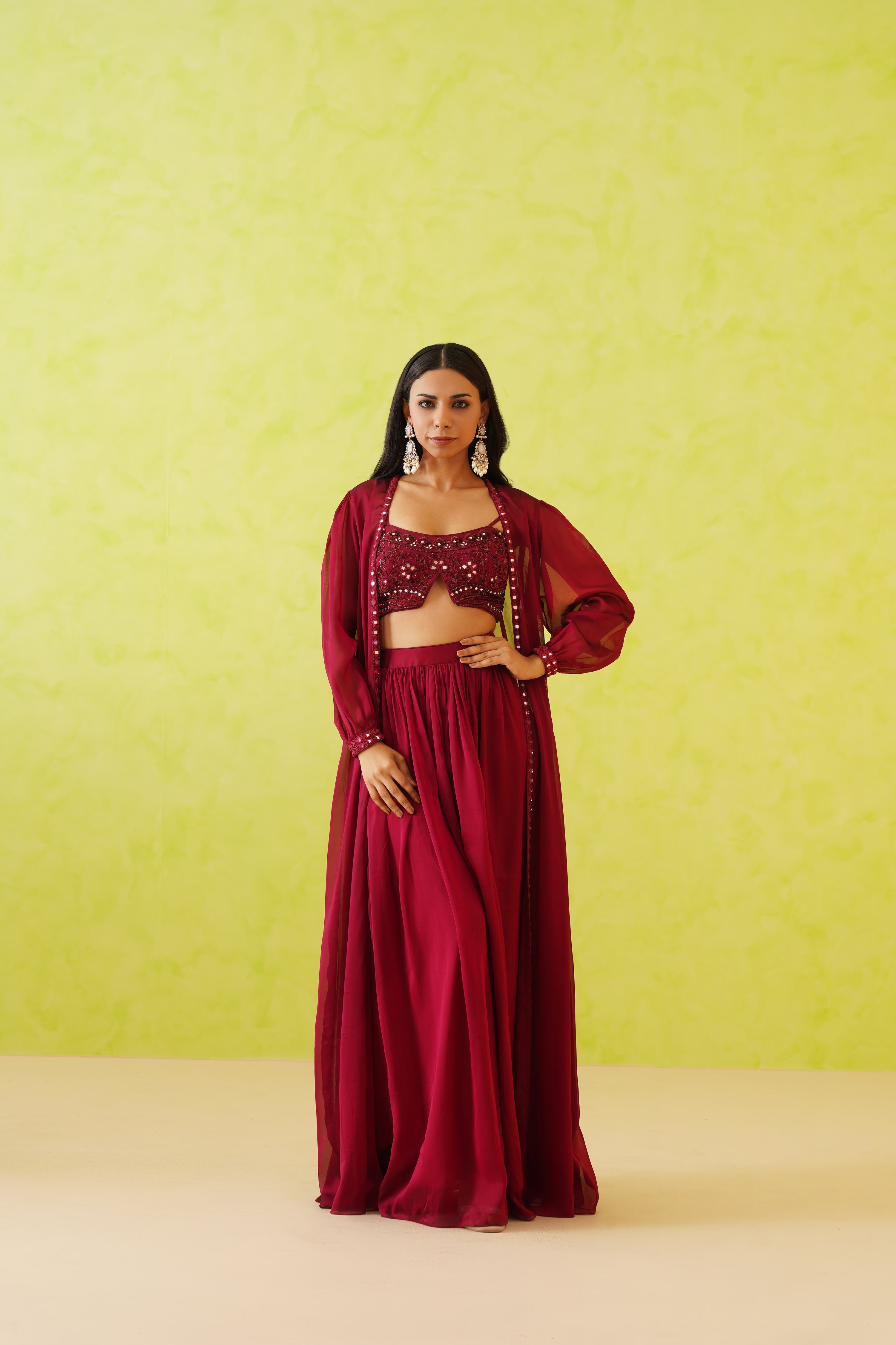 MAROON EMBROIDERED CROP TOP, JACKET AND SKIRT SET