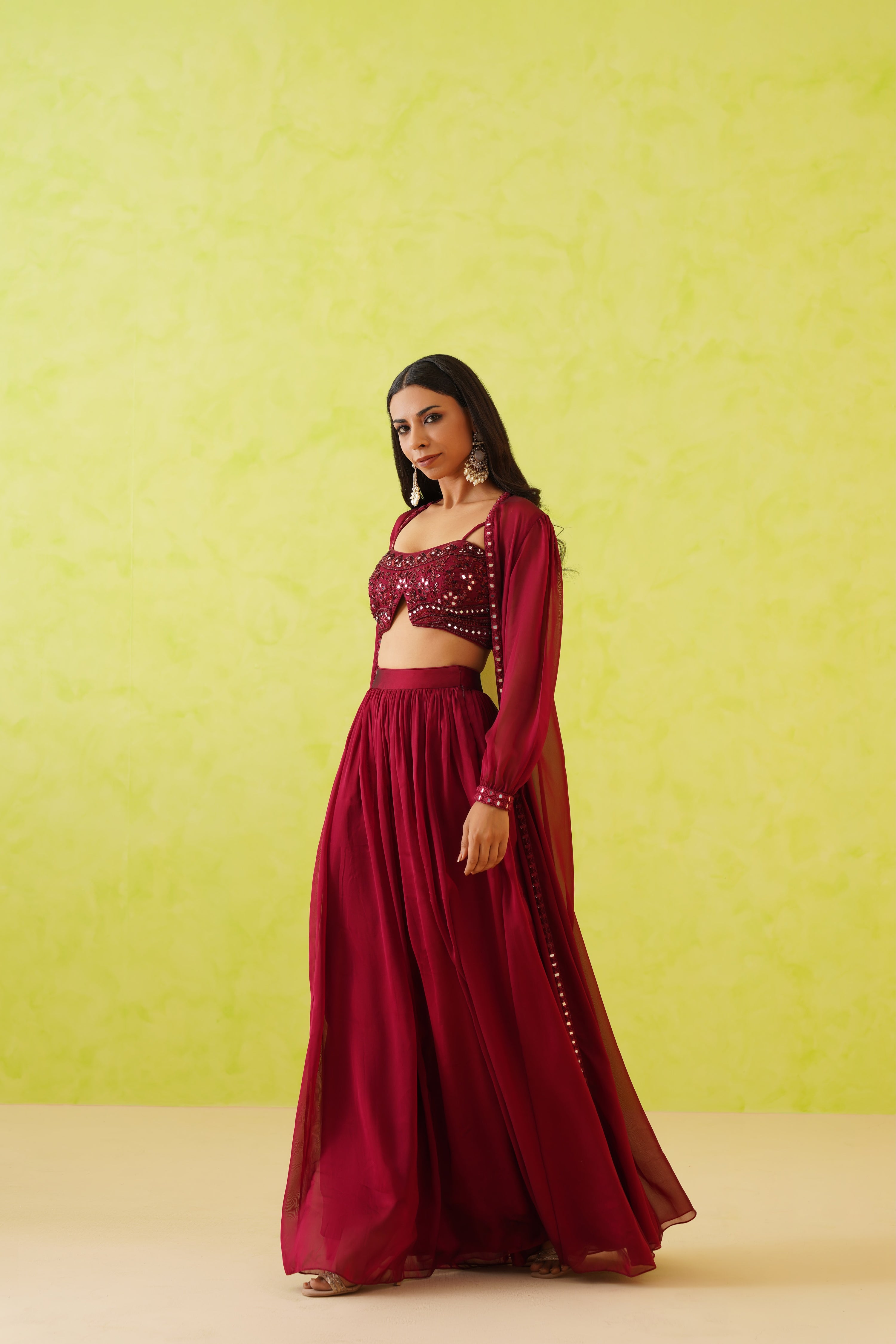 MAROON EMBROIDERED CROP TOP, JACKET AND SKIRT SET