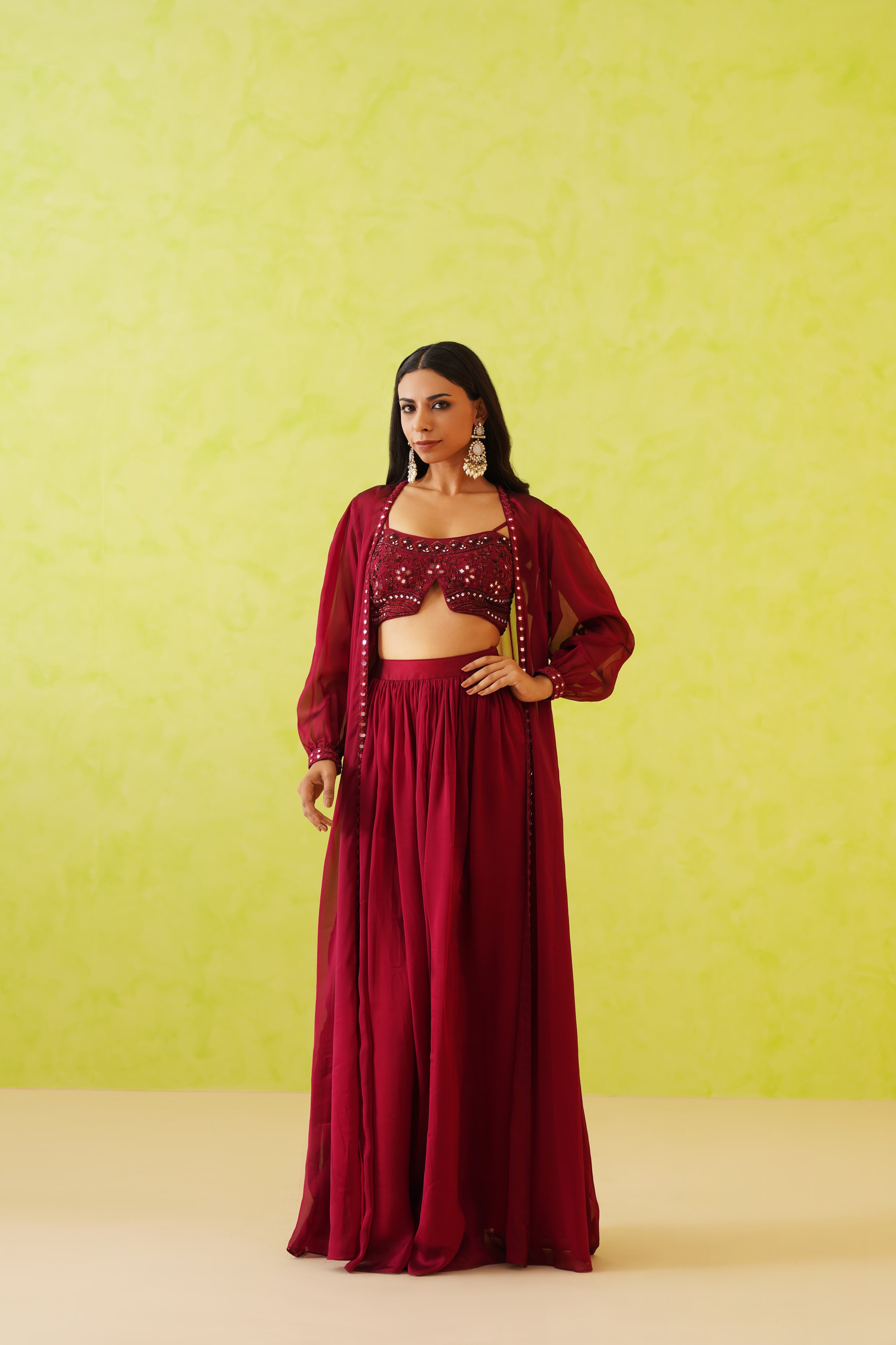 MAROON EMBROIDERED CROP TOP, JACKET AND SKIRT SET