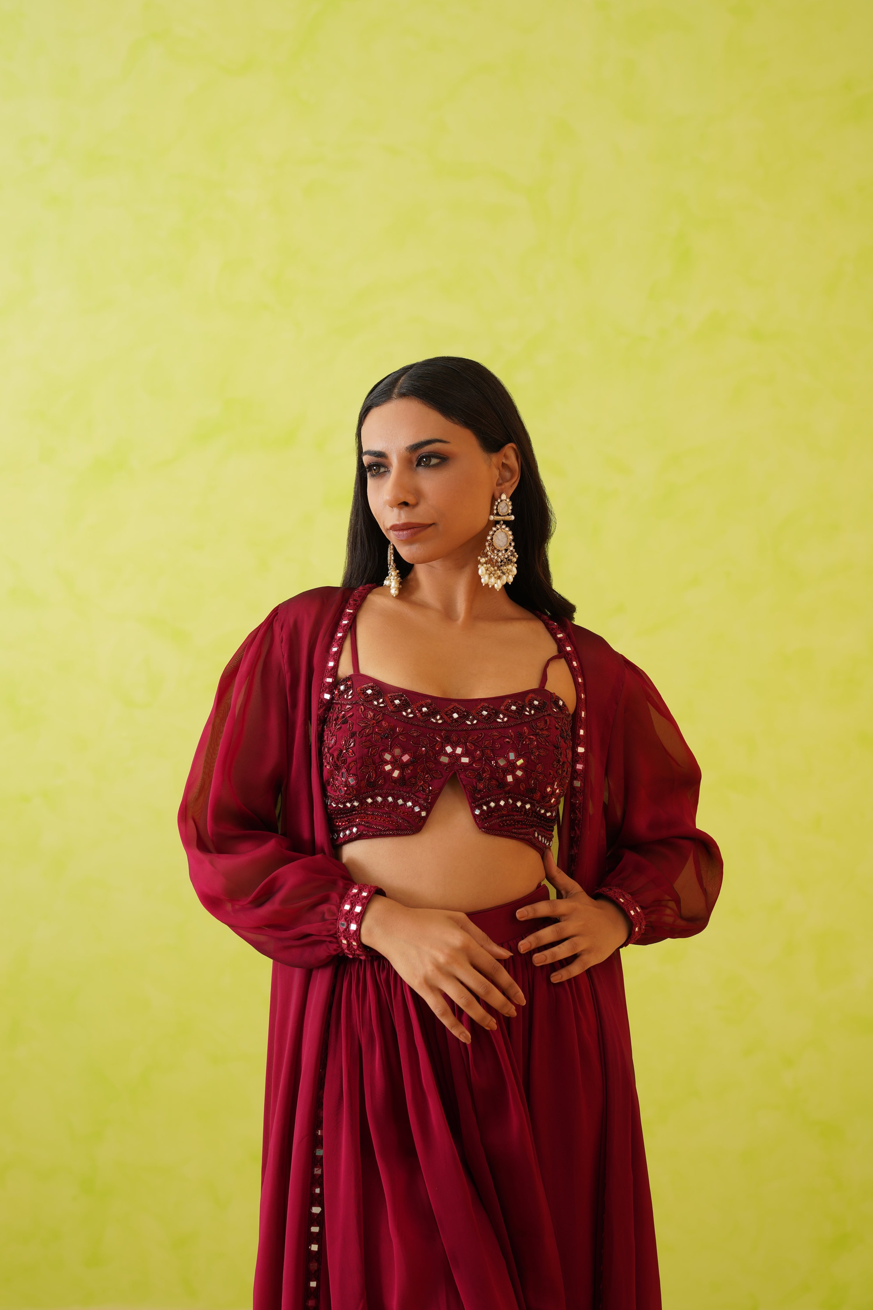 MAROON EMBROIDERED CROP TOP, JACKET AND SKIRT SET