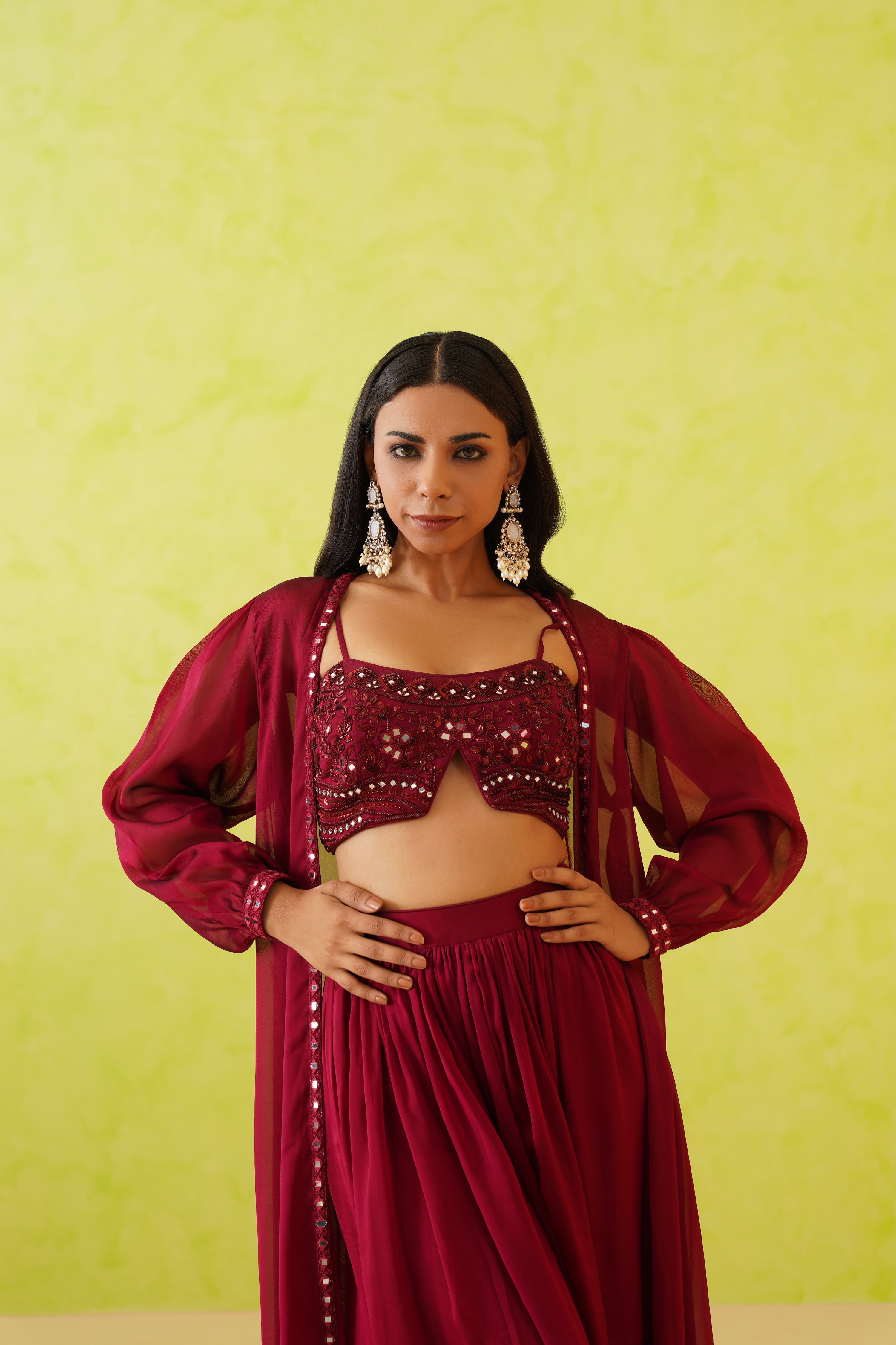 MAROON EMBROIDERED CROP TOP, JACKET AND SKIRT SET