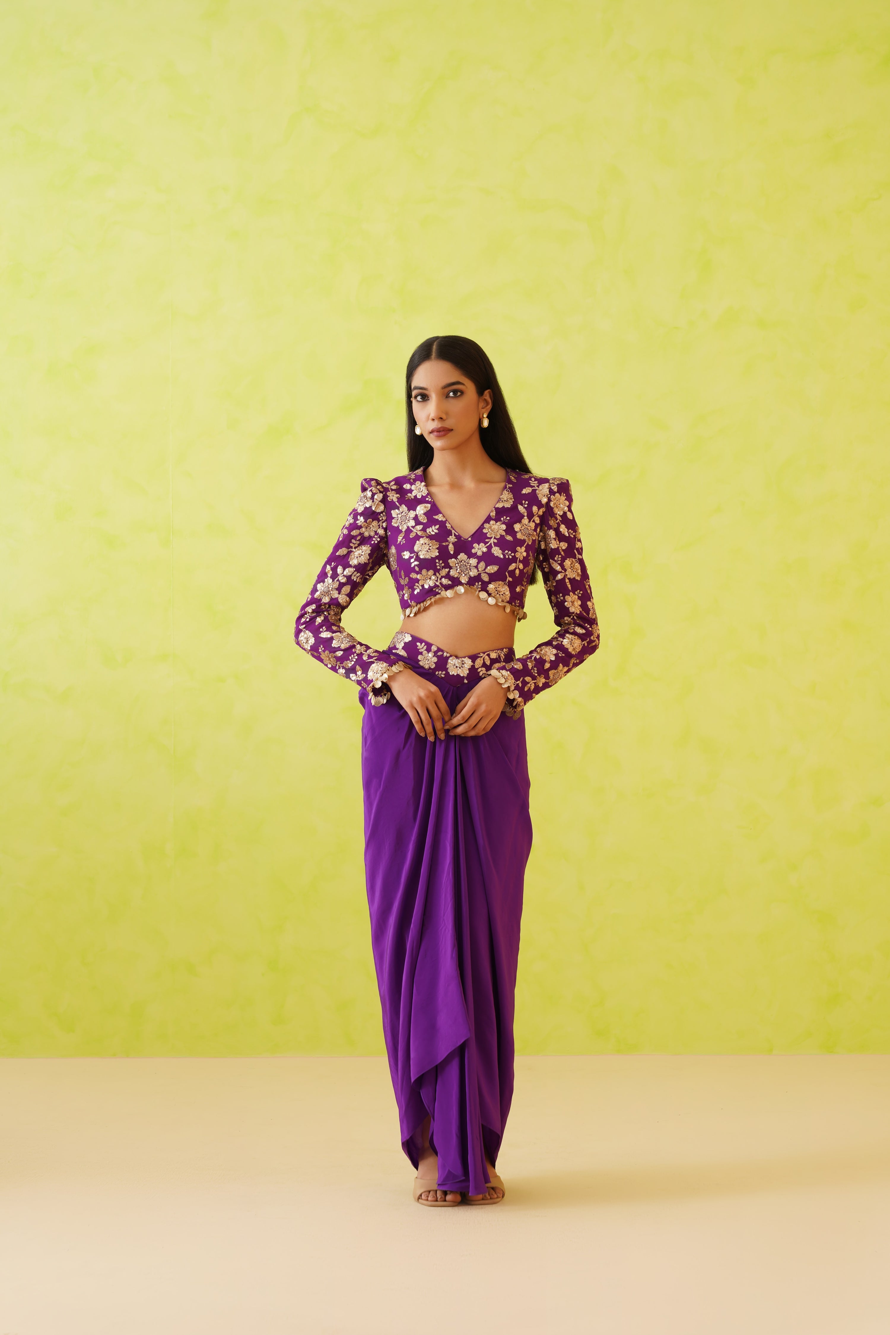 PURPLE EMBROIDERED BLOUSE AND DHOTI SKIRT SET