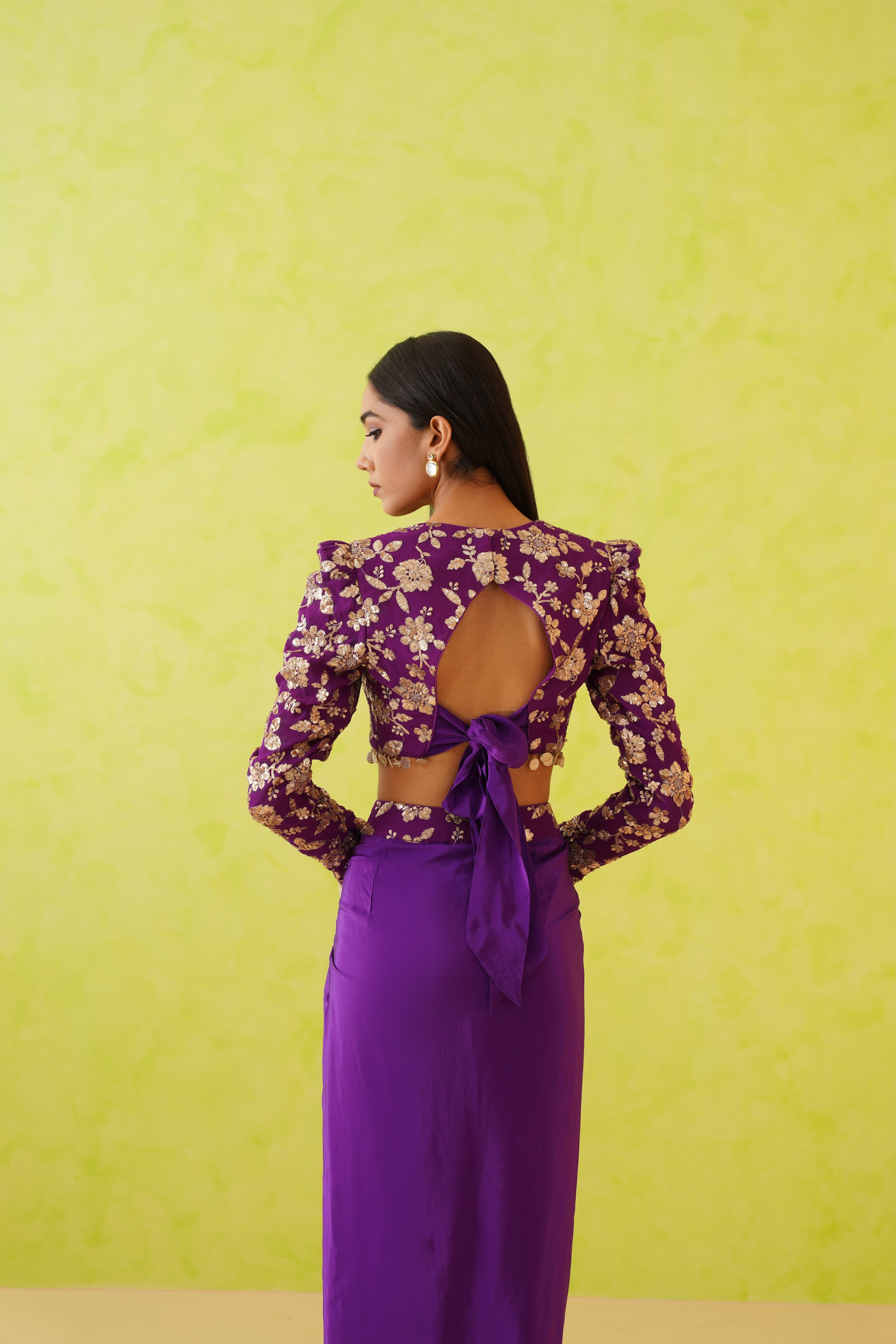 PURPLE EMBROIDERED BLOUSE AND DHOTI SKIRT SET