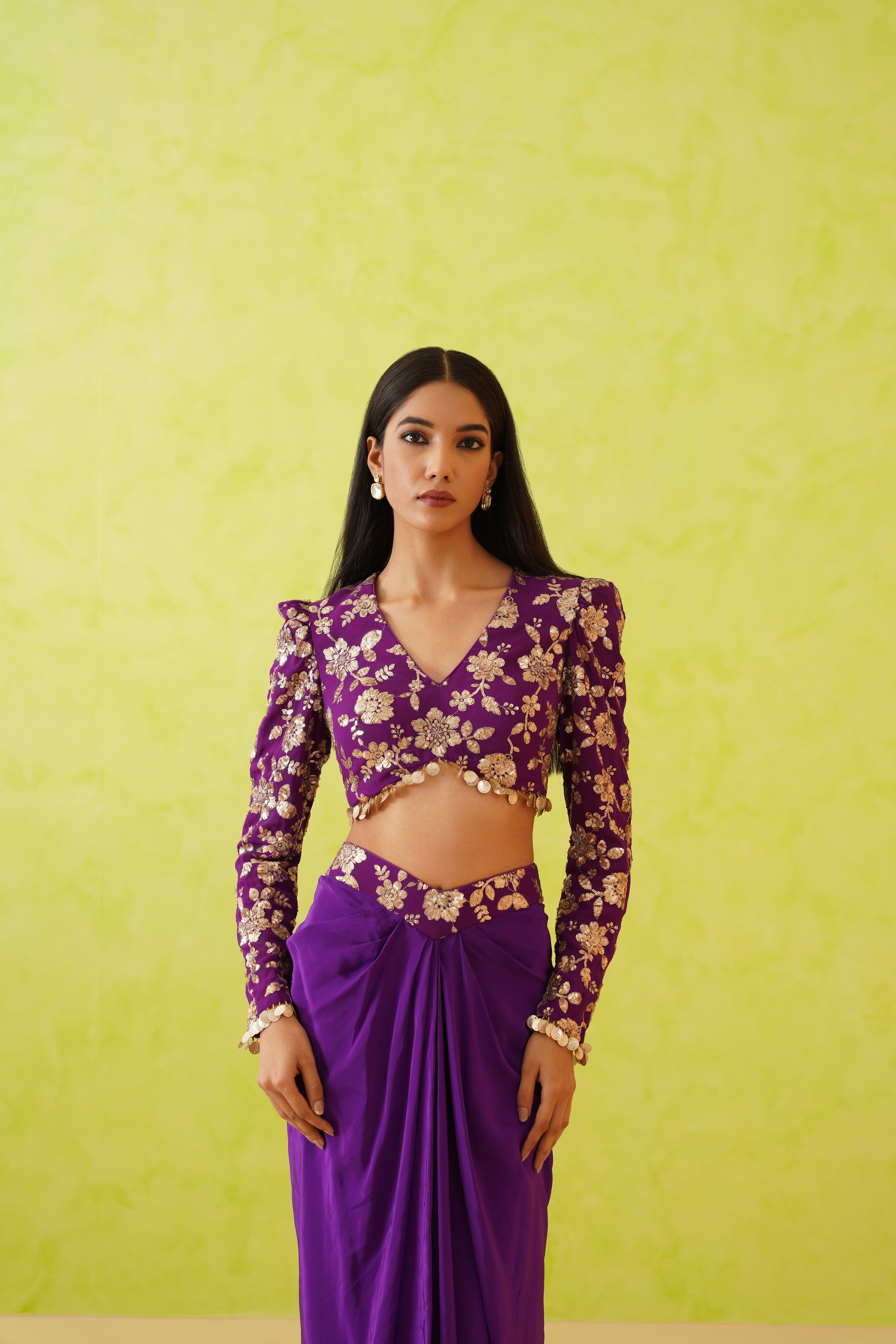 PURPLE EMBROIDERED BLOUSE AND DHOTI SKIRT SET