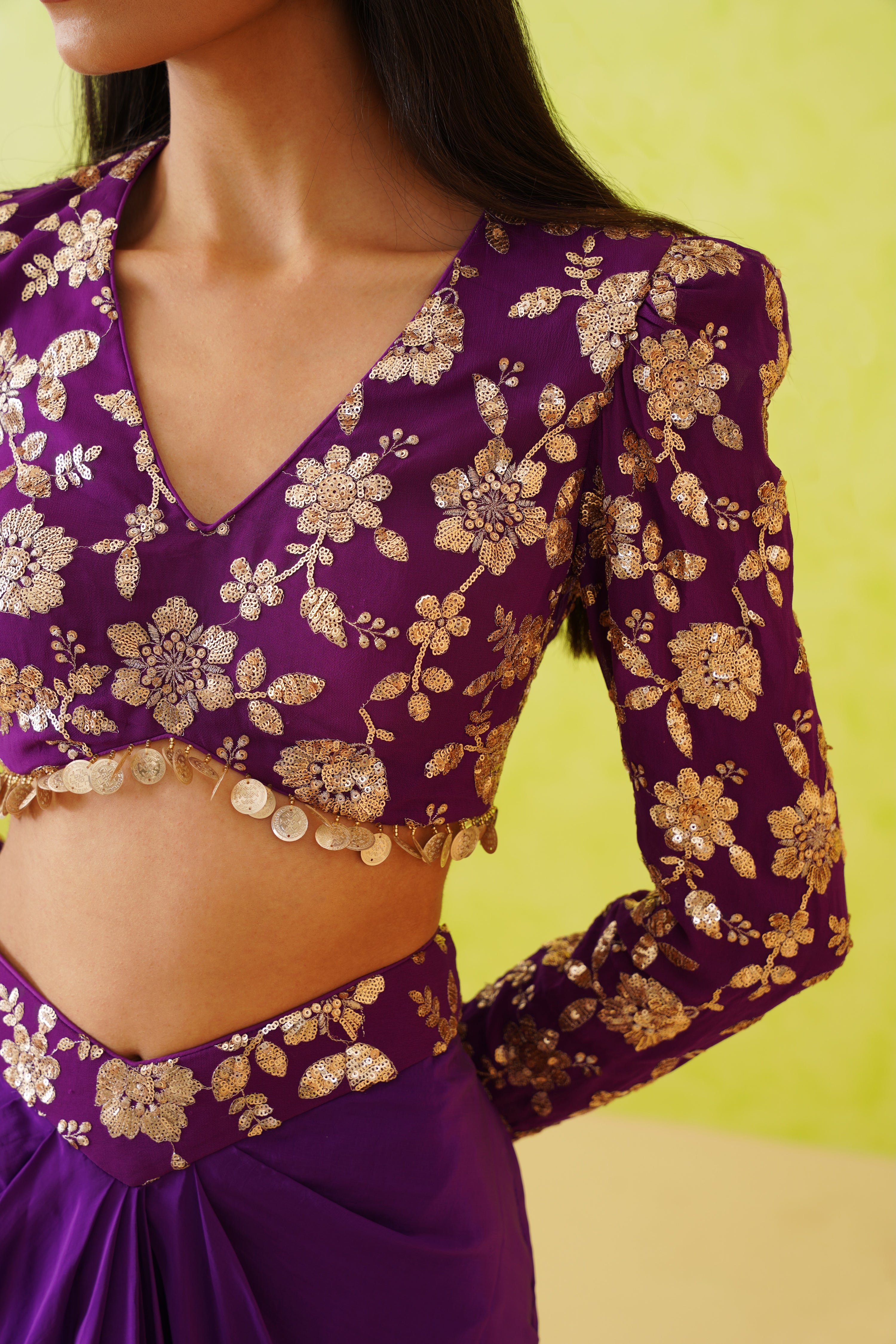 PURPLE EMBROIDERED BLOUSE AND DHOTI SKIRT SET