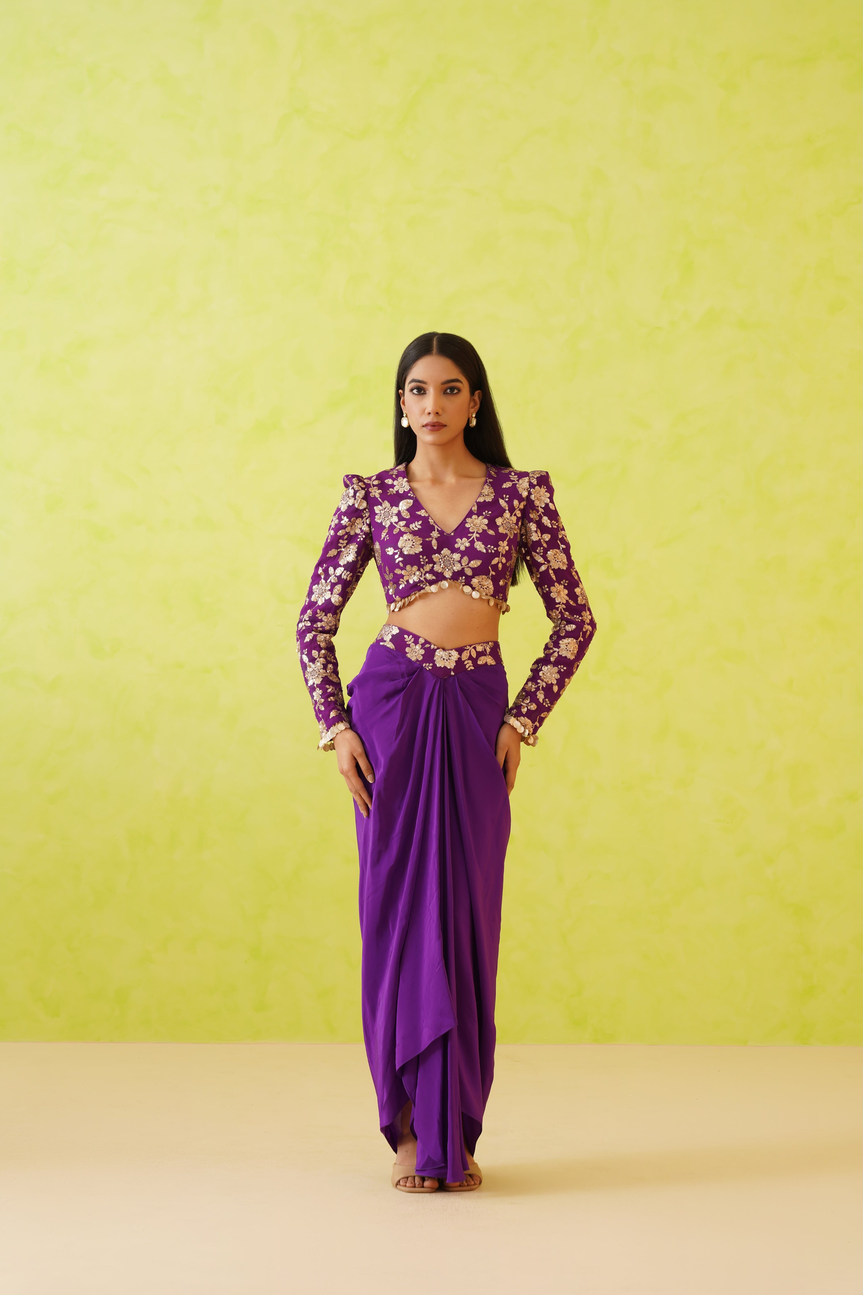 PURPLE EMBROIDERED BLOUSE AND DHOTI SKIRT SET