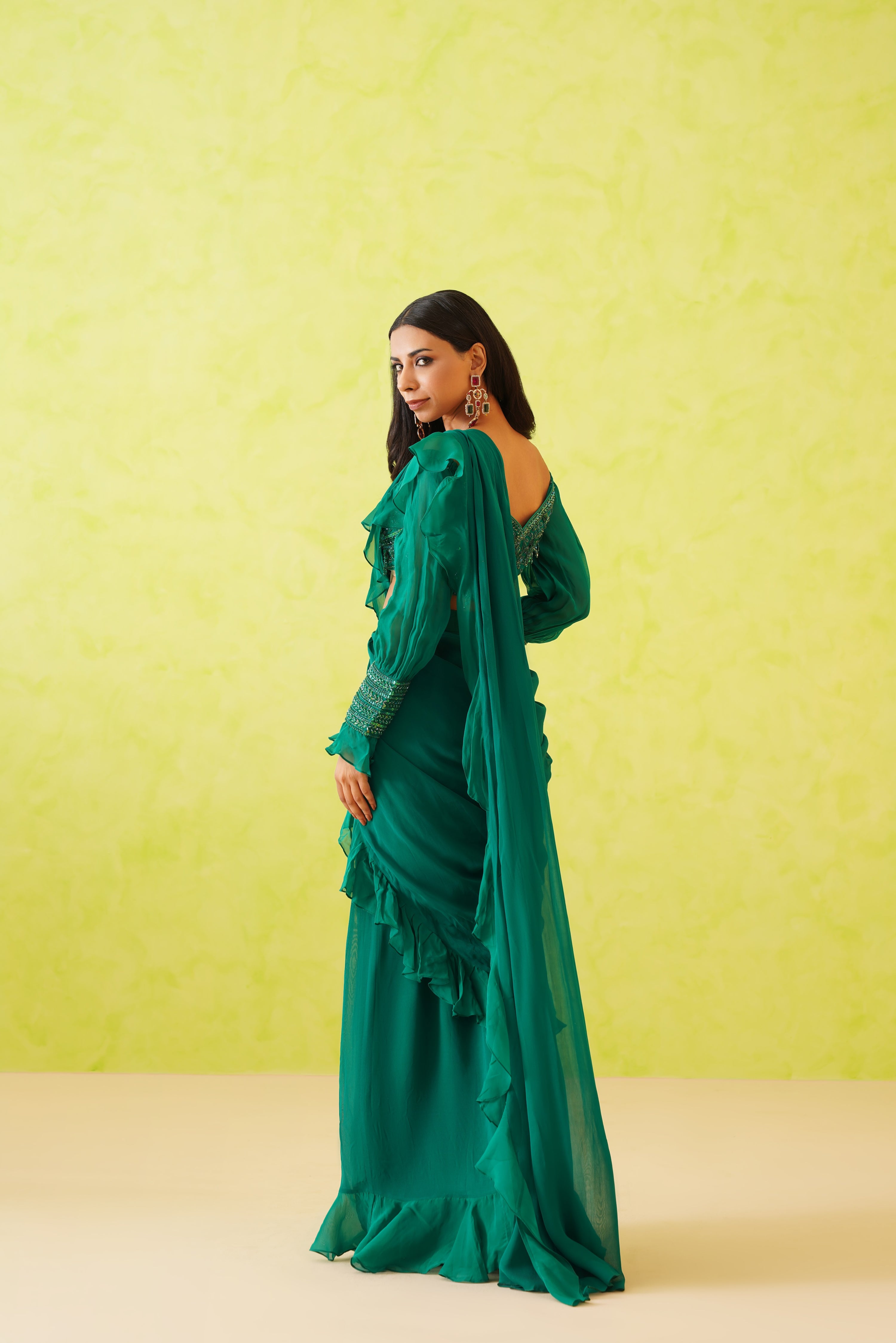 GREEN DRAPE SAREE AND EMBROIDERED BLOUSE SET