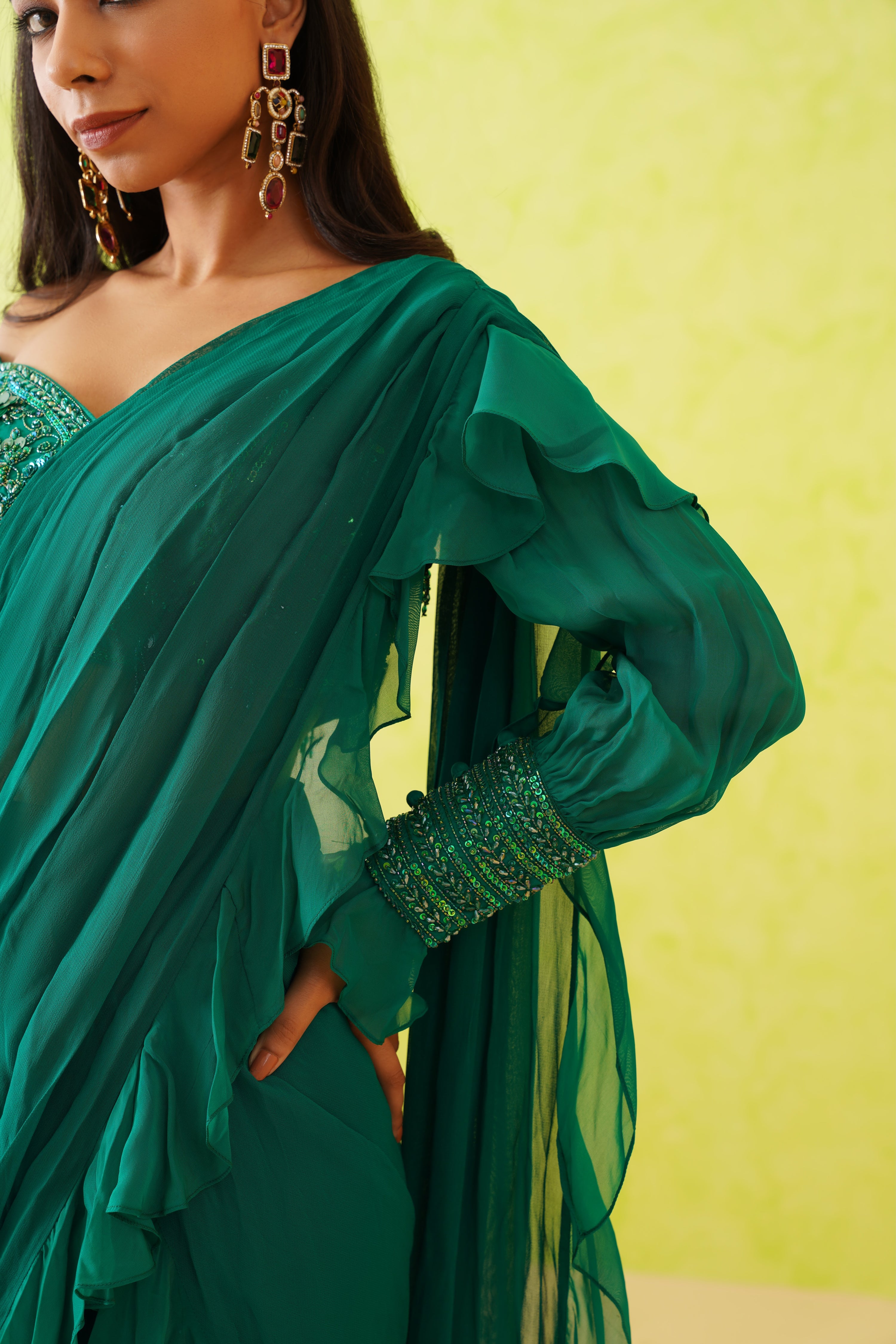 GREEN DRAPE SAREE AND EMBROIDERED BLOUSE SET