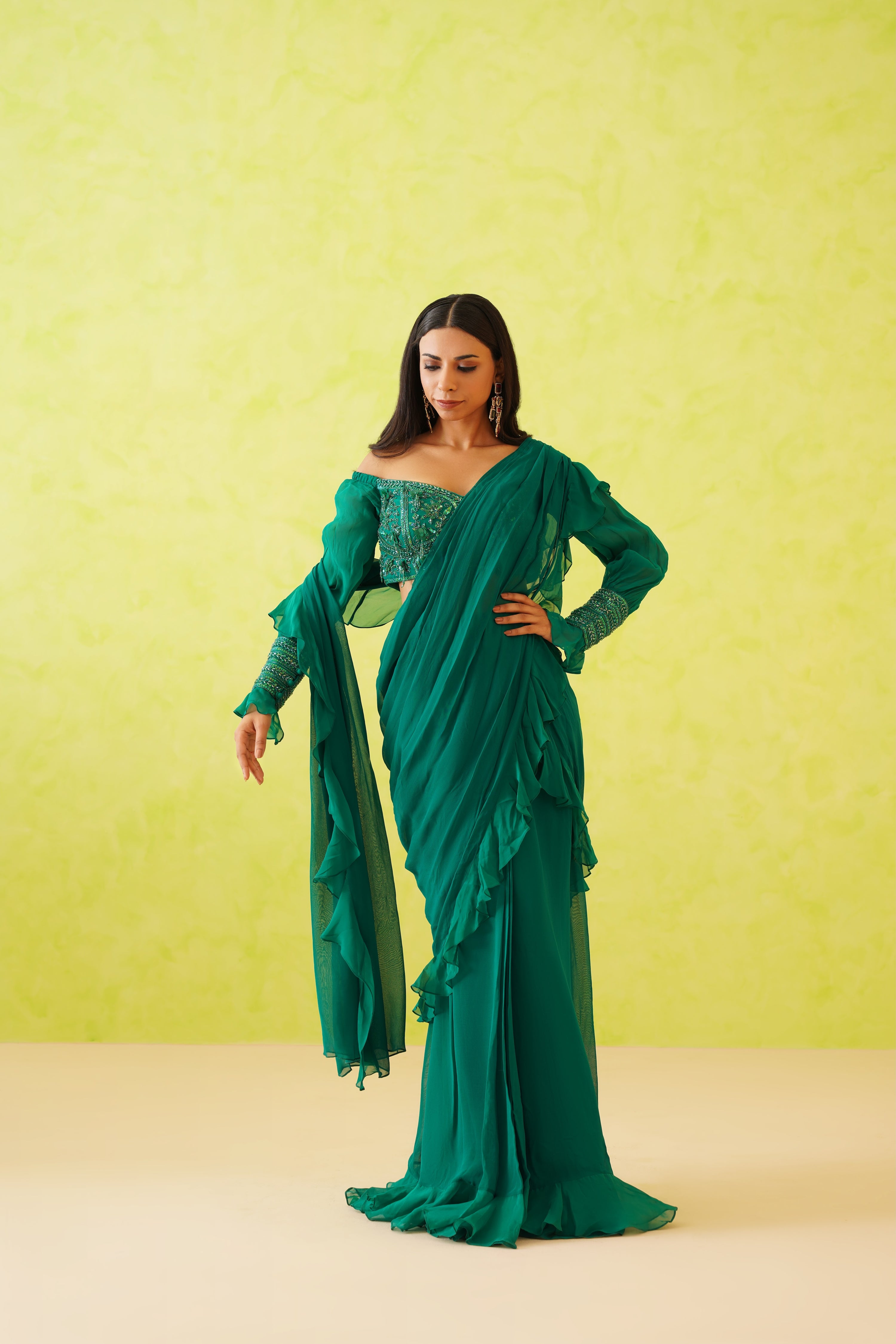 GREEN DRAPE SAREE AND EMBROIDERED BLOUSE SET