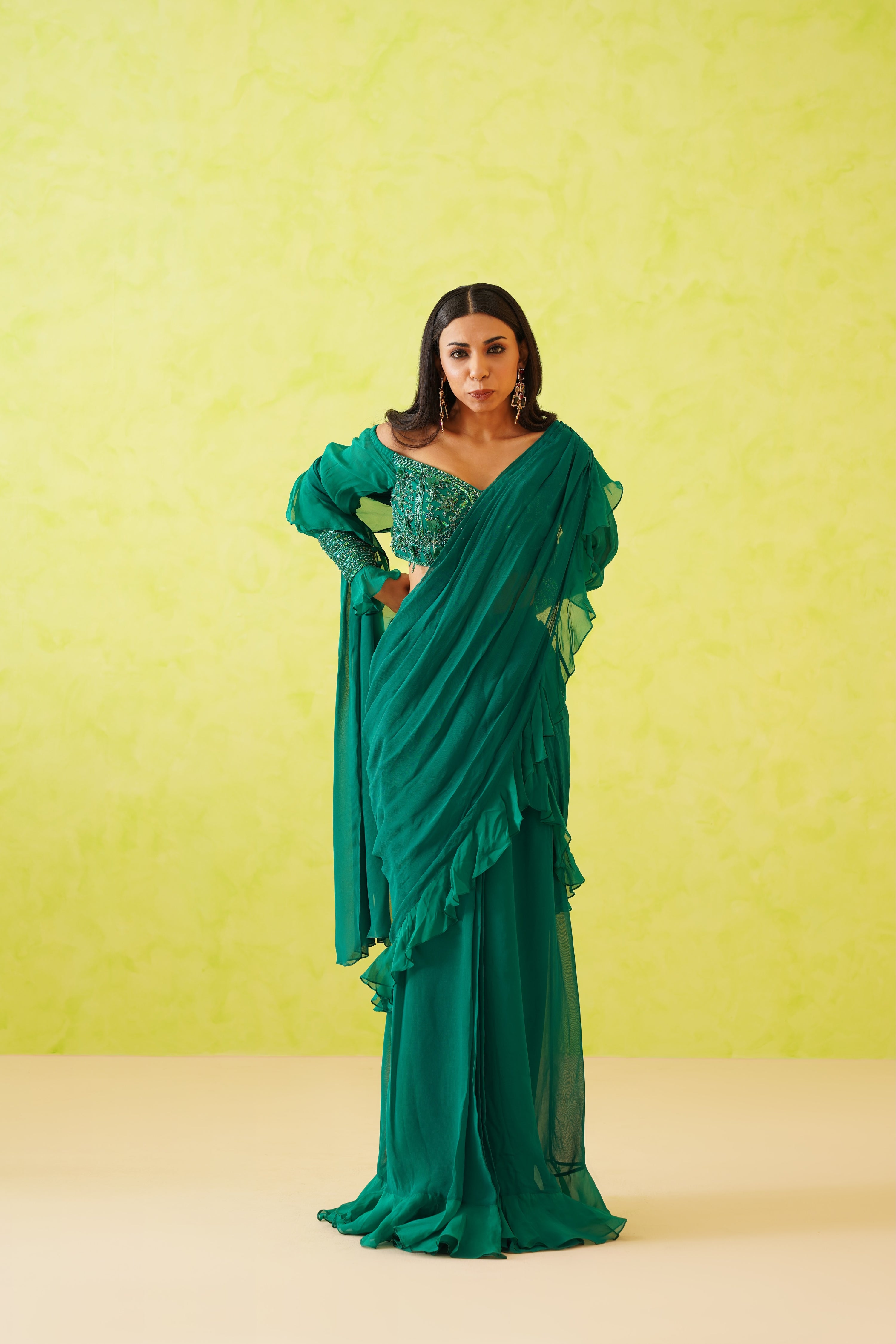 GREEN DRAPE SAREE AND EMBROIDERED BLOUSE SET