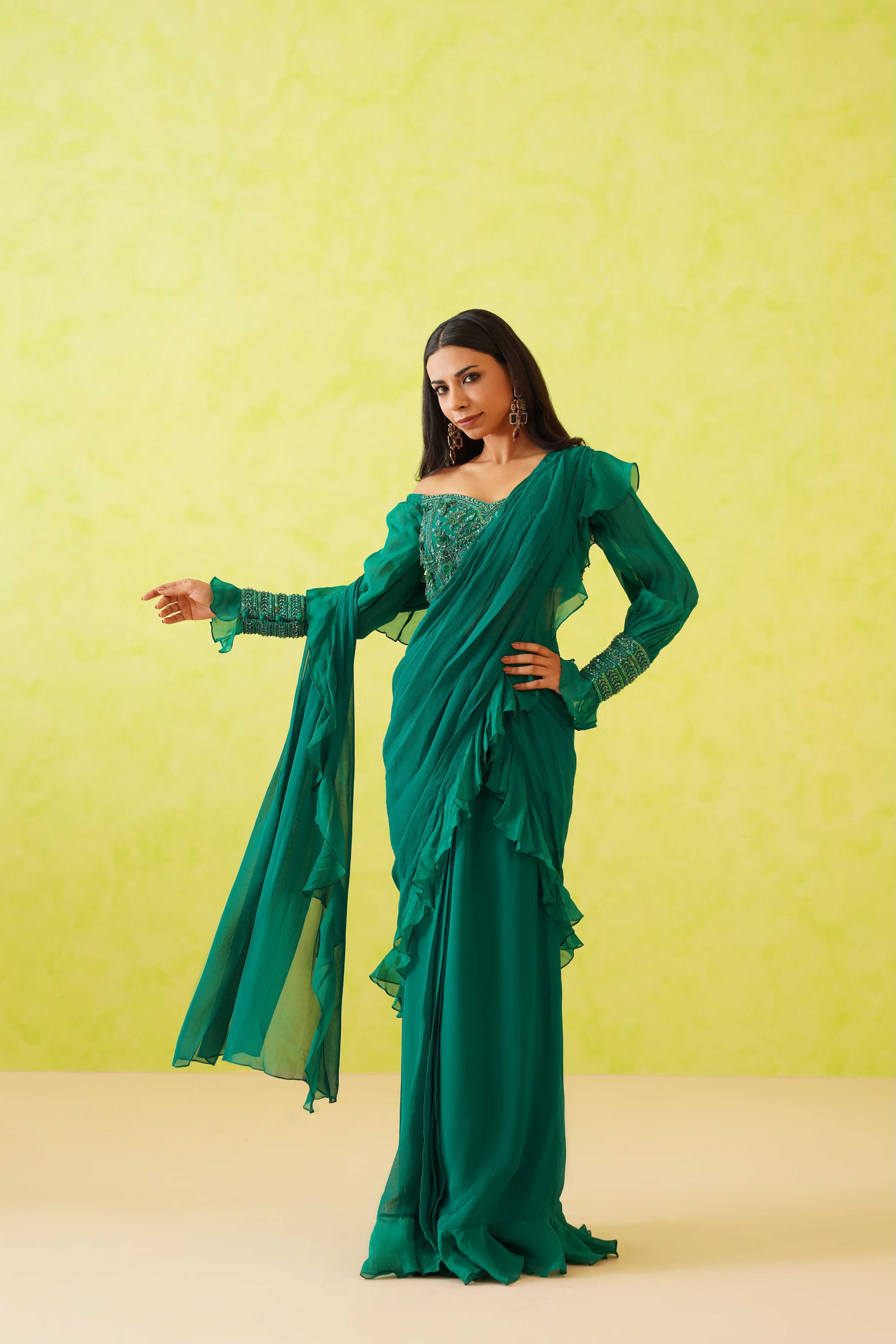 GREEN DRAPE SAREE AND EMBROIDERED BLOUSE SET