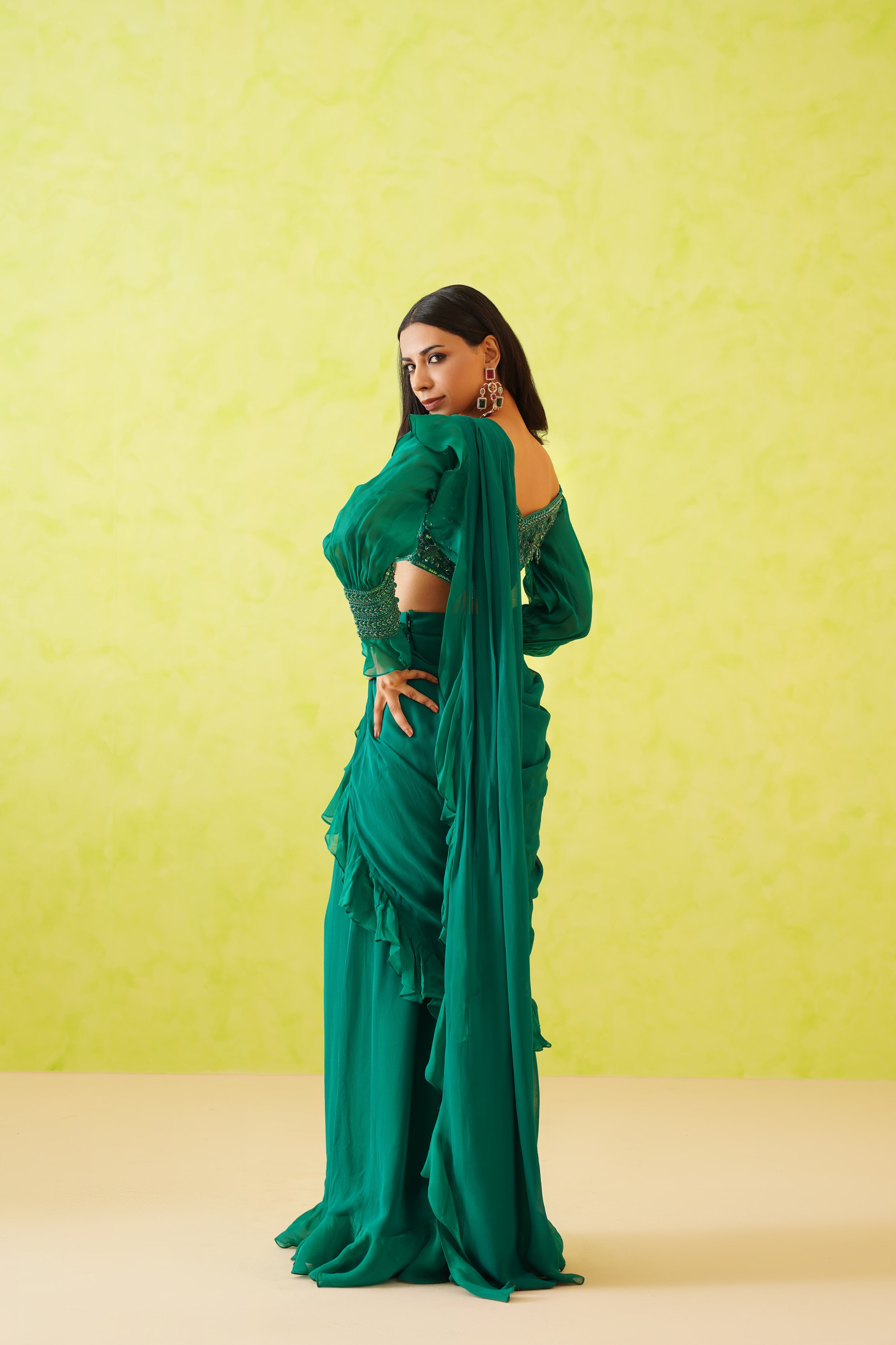 GREEN DRAPE SAREE AND EMBROIDERED BLOUSE SET