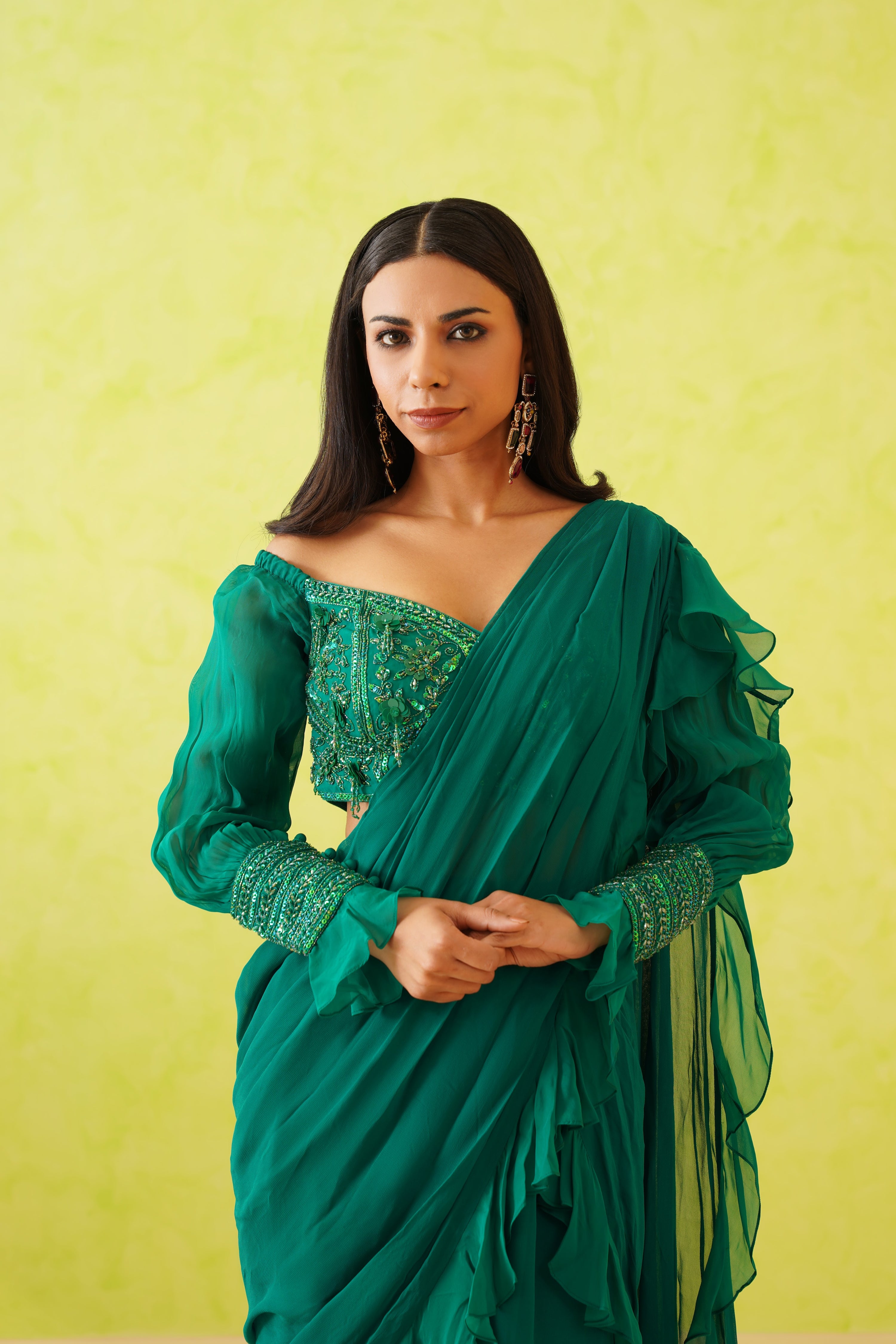 GREEN DRAPE SAREE AND EMBROIDERED BLOUSE SET