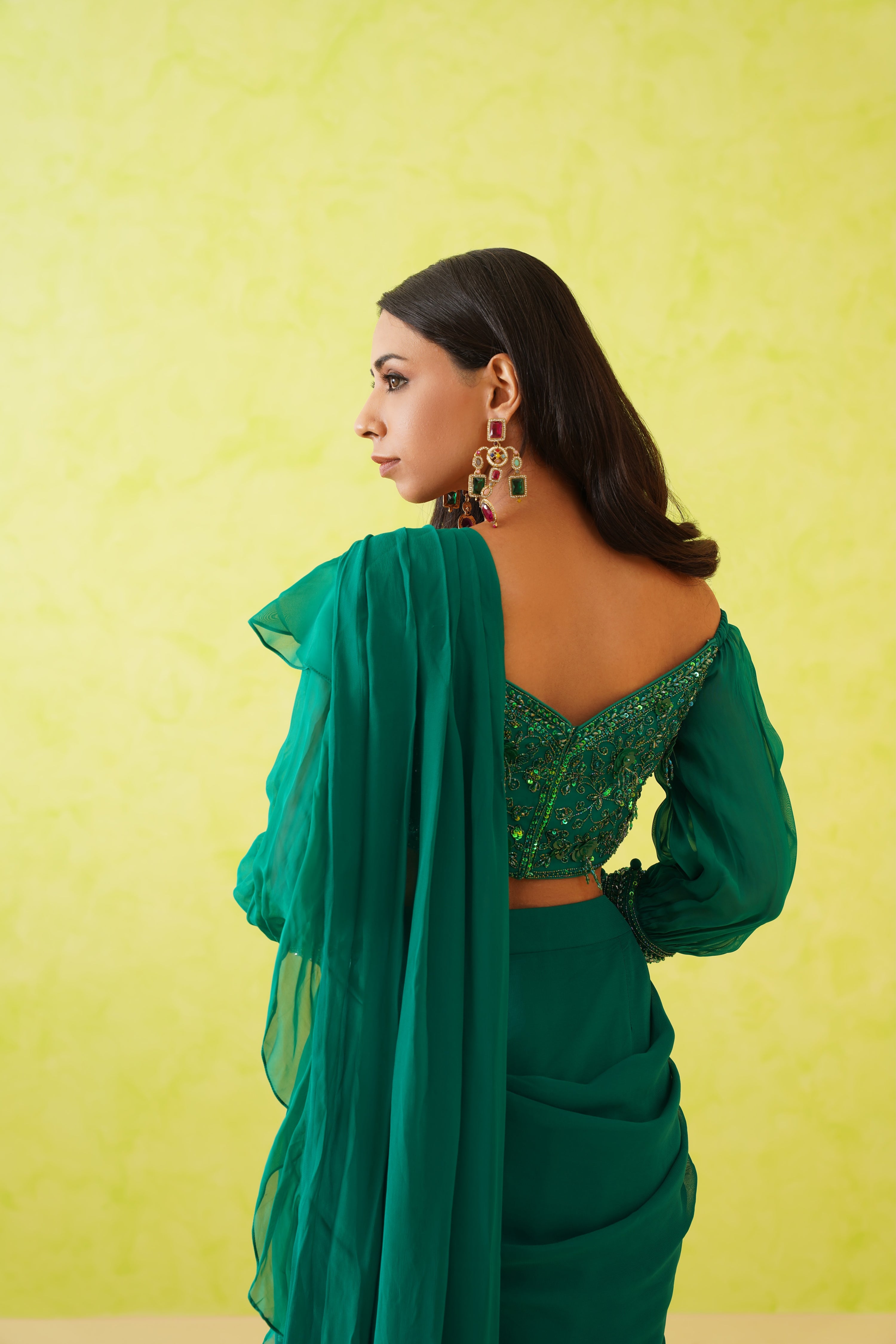 GREEN DRAPE SAREE AND EMBROIDERED BLOUSE SET