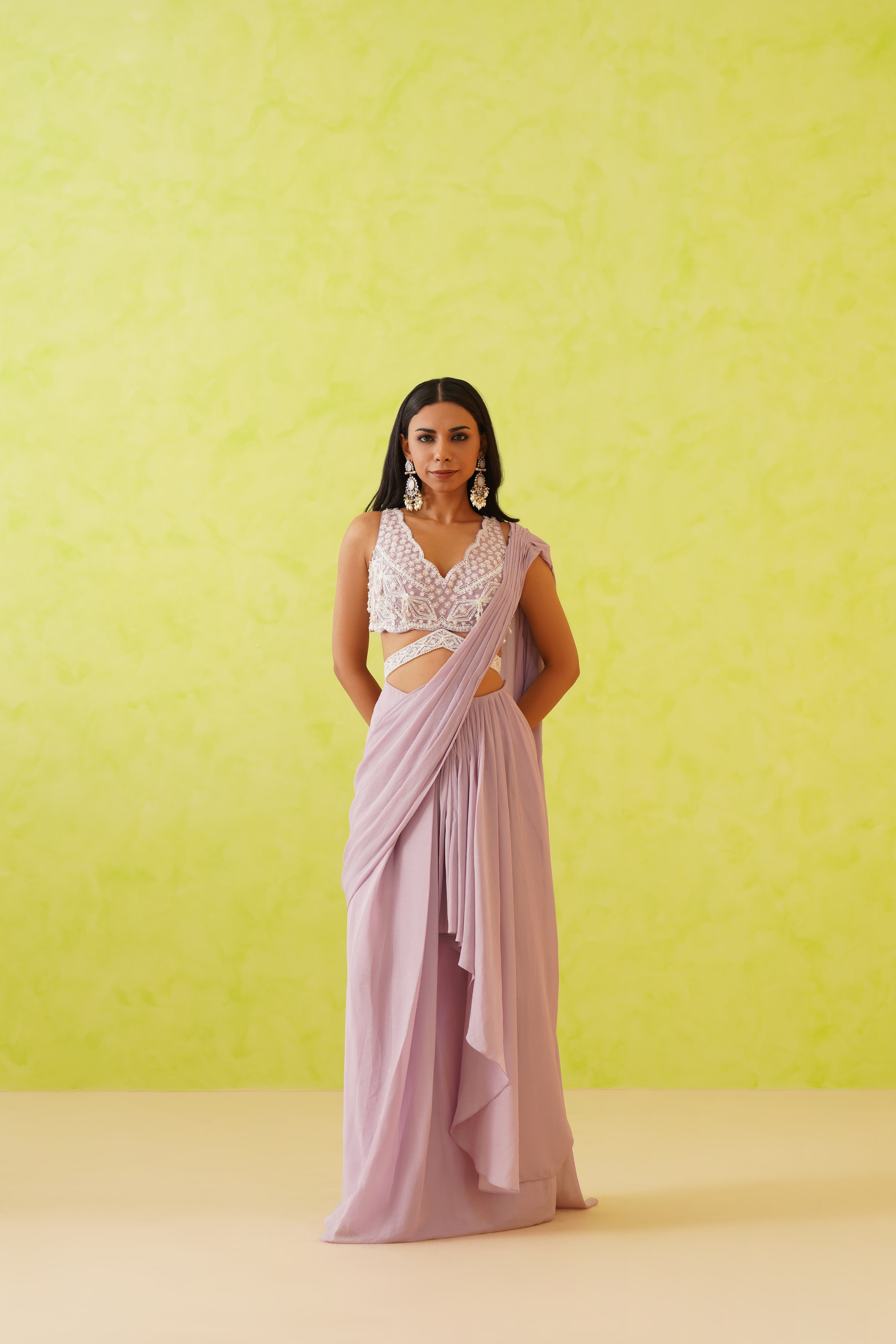 MAUVE DRAPE SAREE AND EMBROIDERED BLOUSE SET