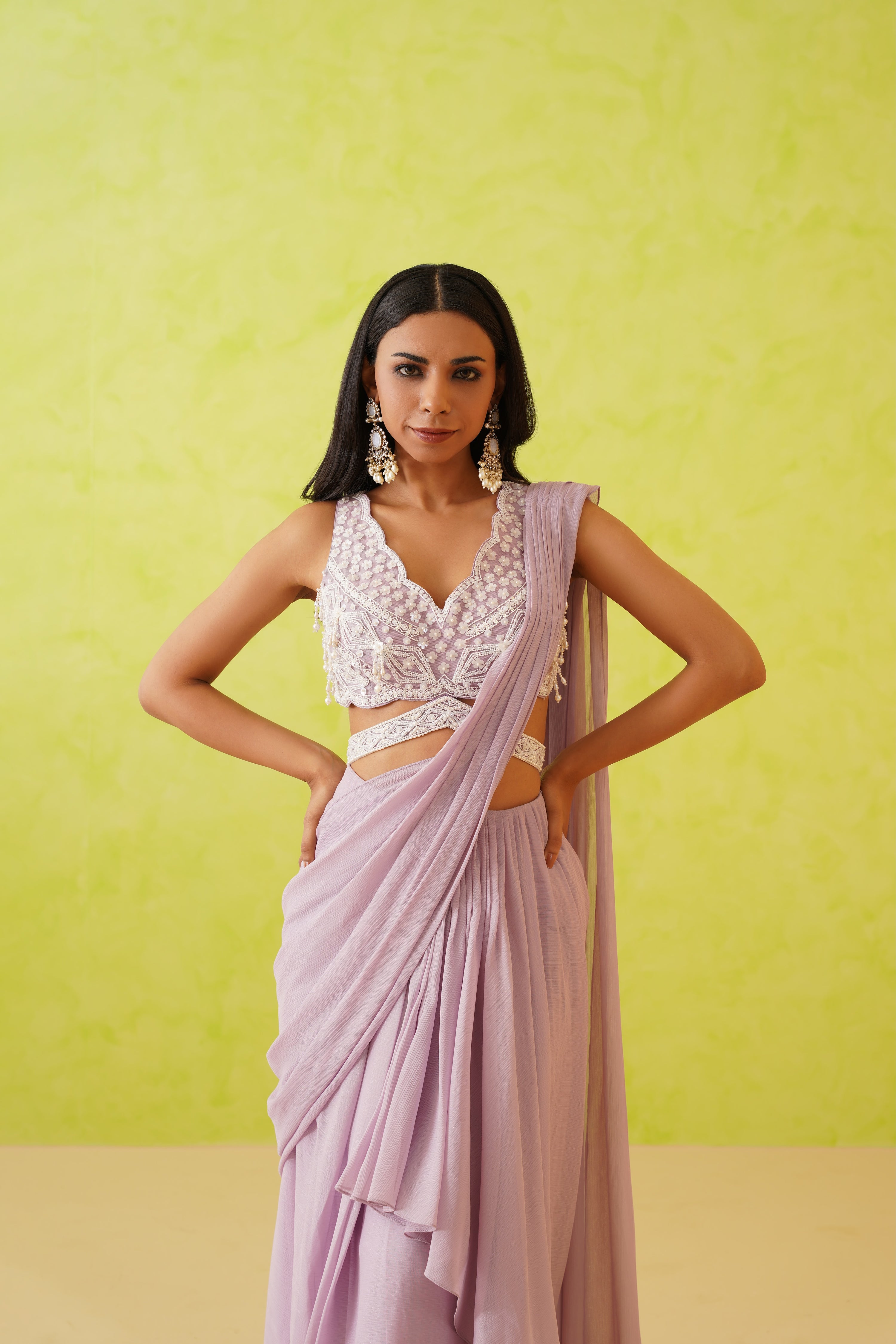 MAUVE DRAPE SAREE AND EMBROIDERED BLOUSE SET