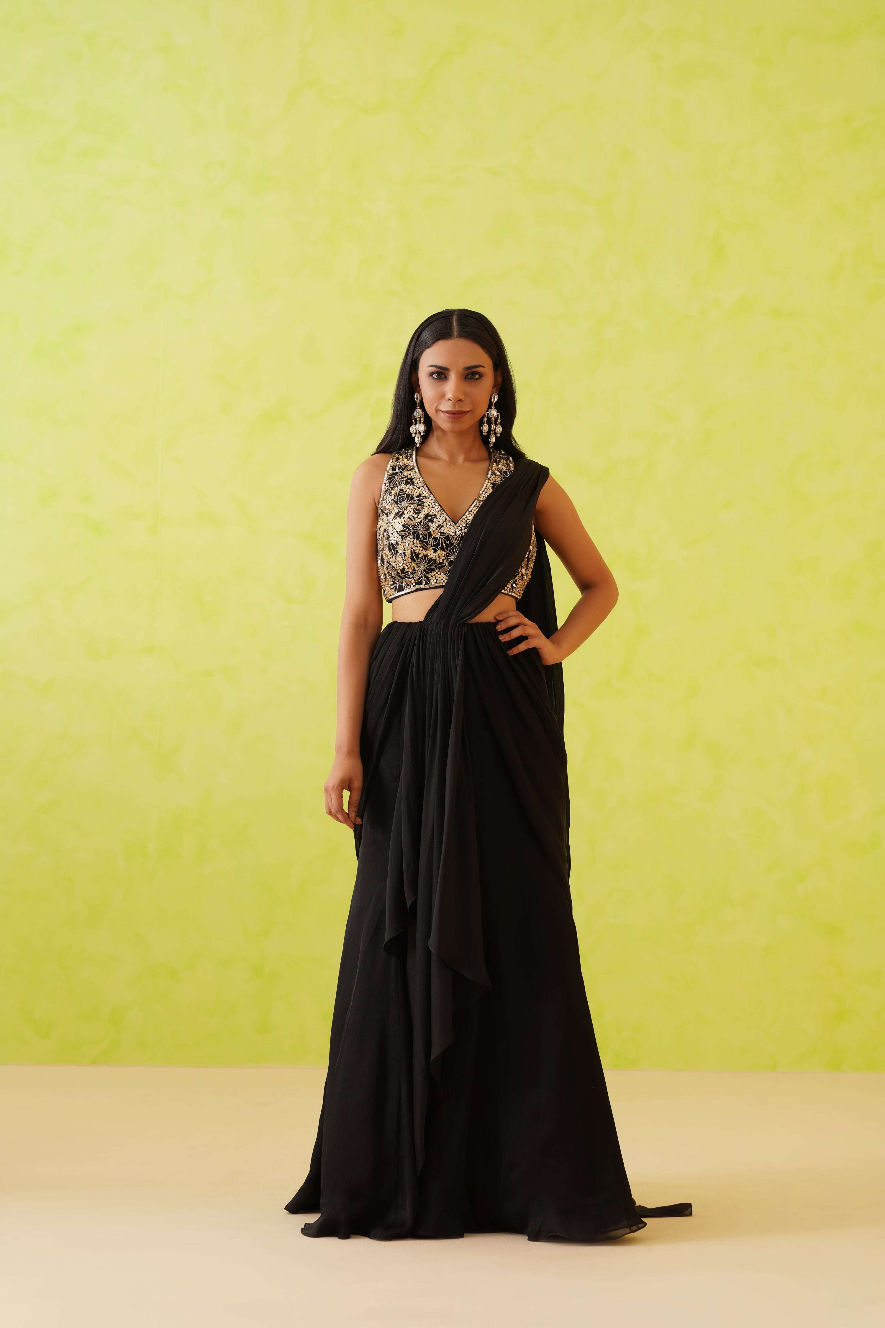 BLACK DRAPE SAREE AND EMBROIDERED BLOUSE SET