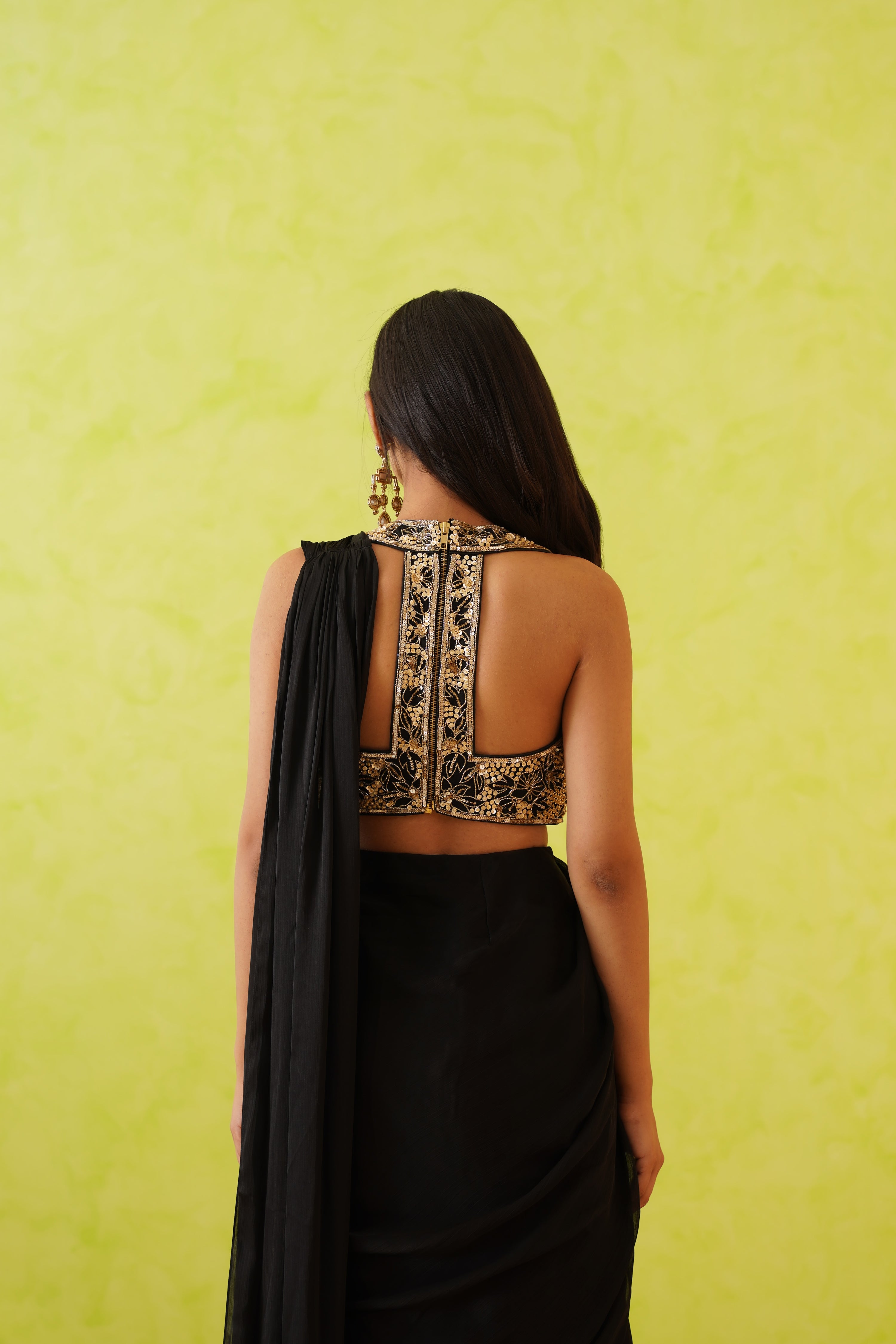 BLACK DRAPE SAREE AND EMBROIDERED BLOUSE SET