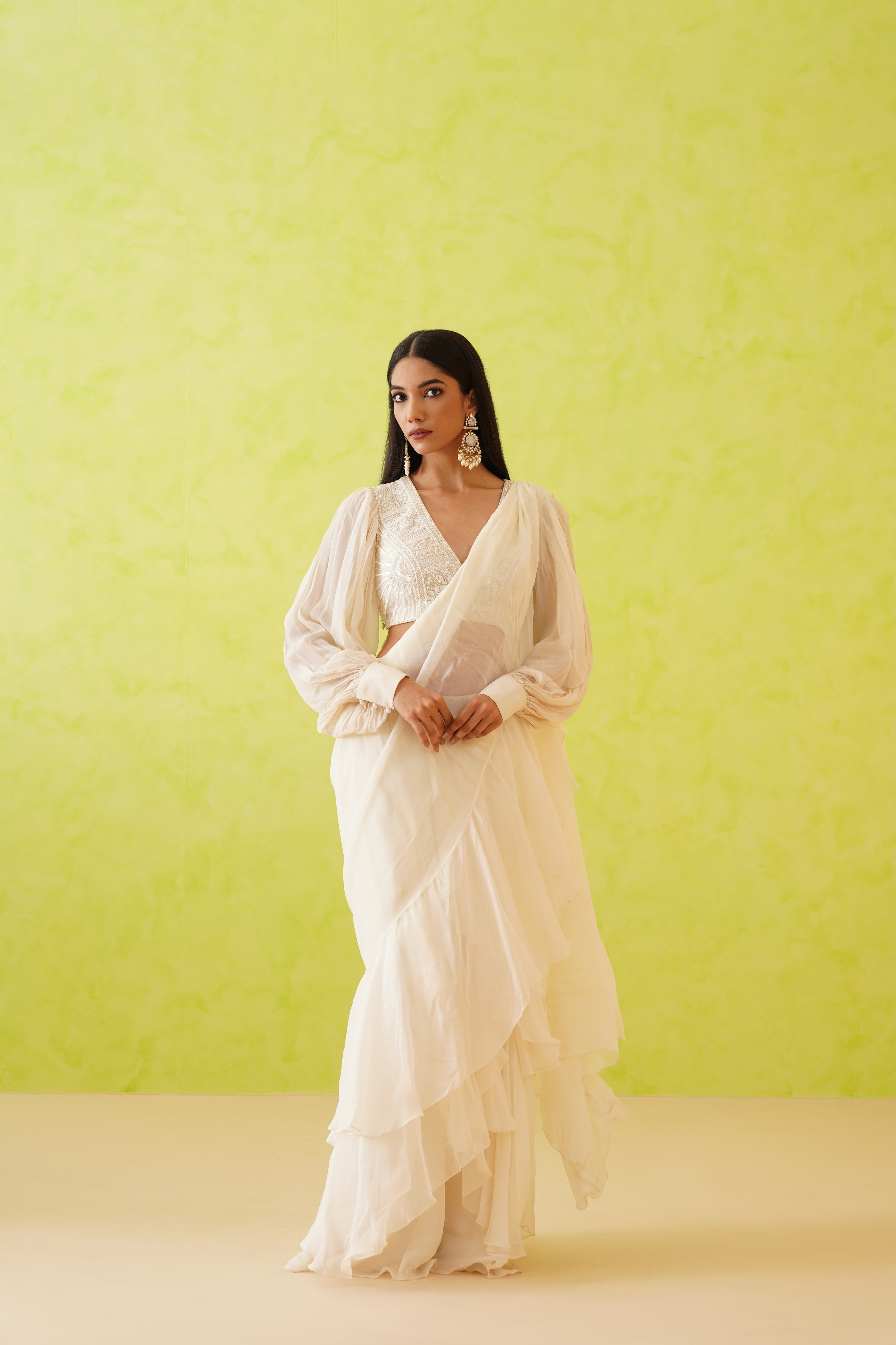 WHITE DRAPE SAREE AND EMBROIDERED BLOUSE SET