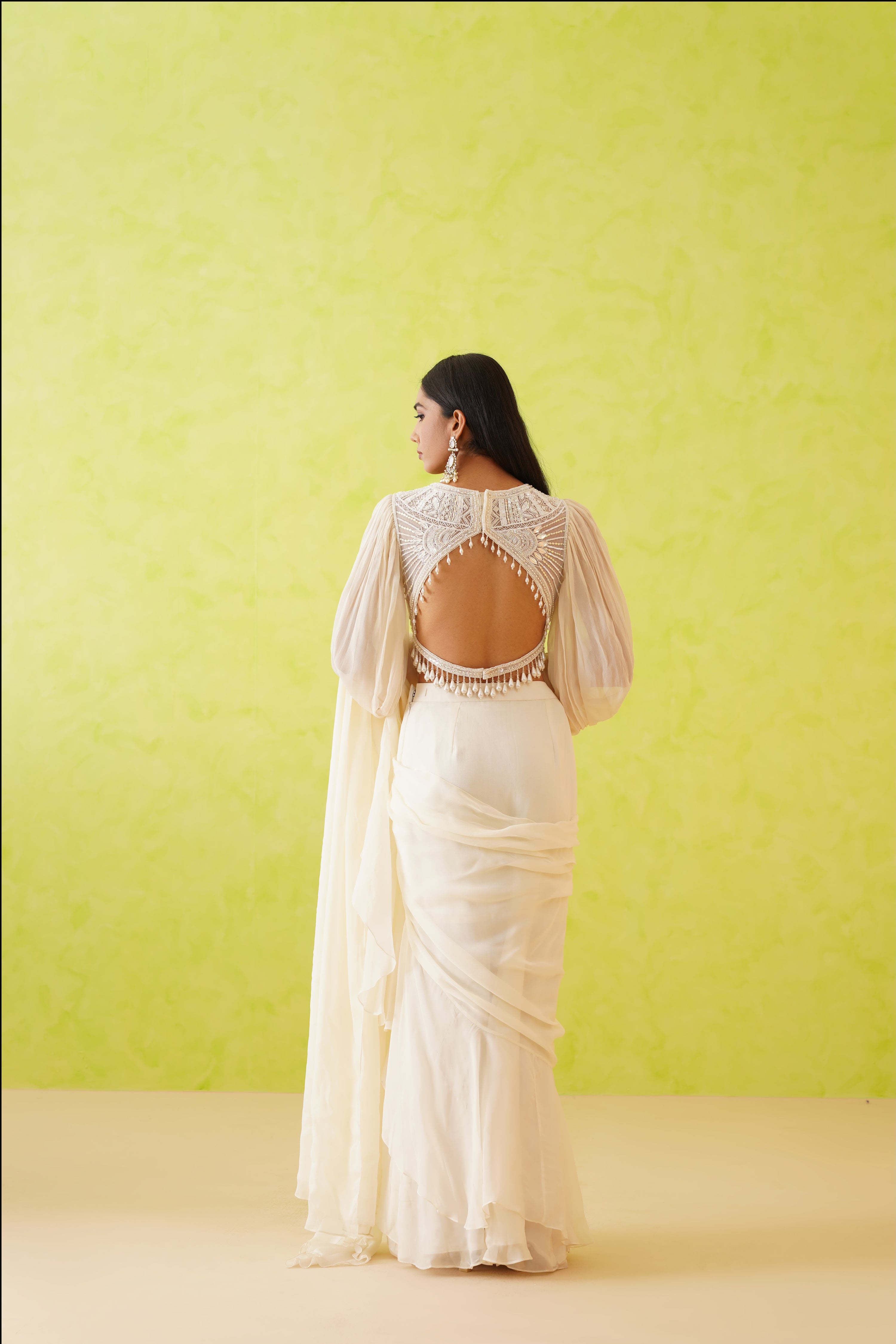 WHITE DRAPE SAREE AND EMBROIDERED BLOUSE SET