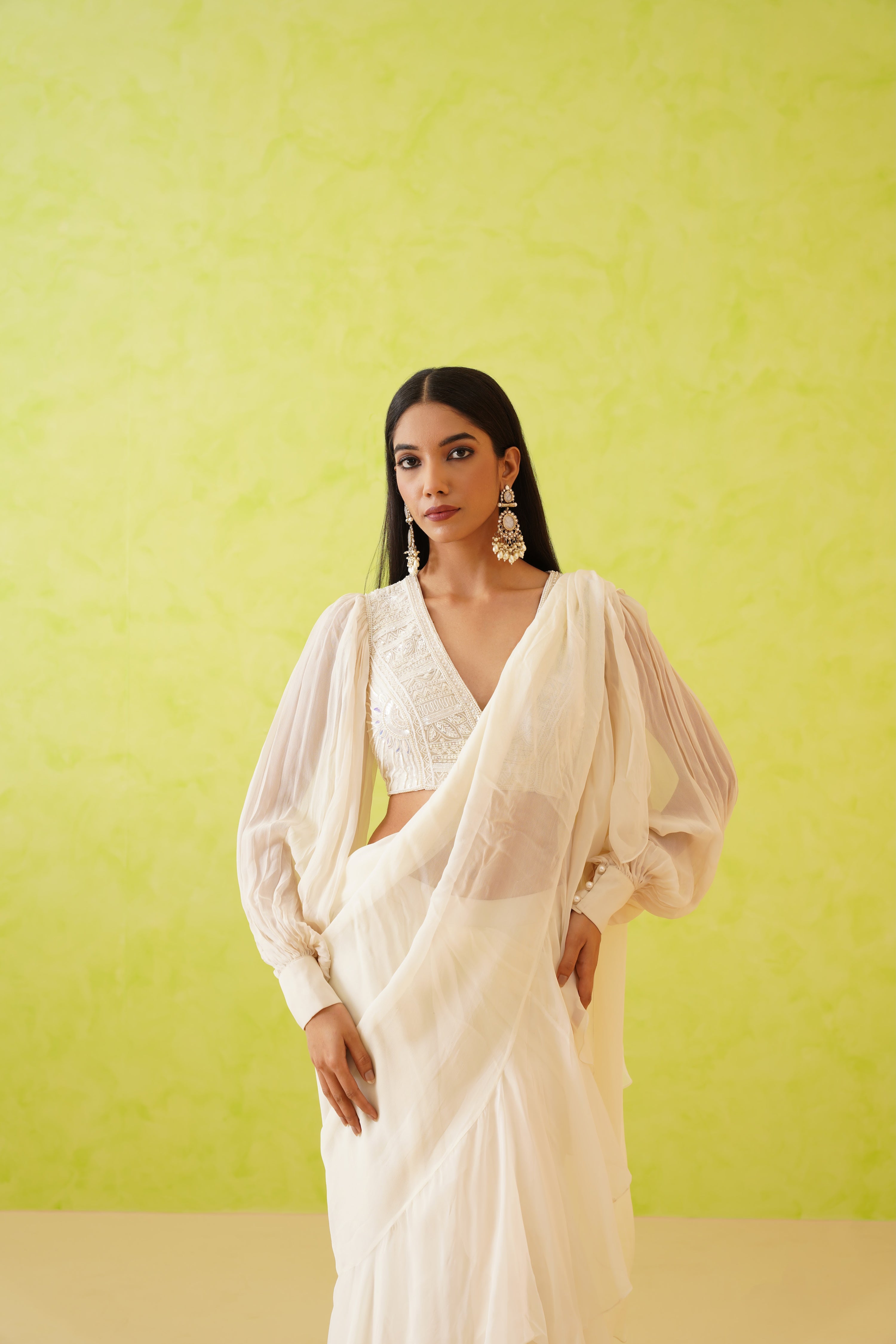 WHITE DRAPE SAREE AND EMBROIDERED BLOUSE SET