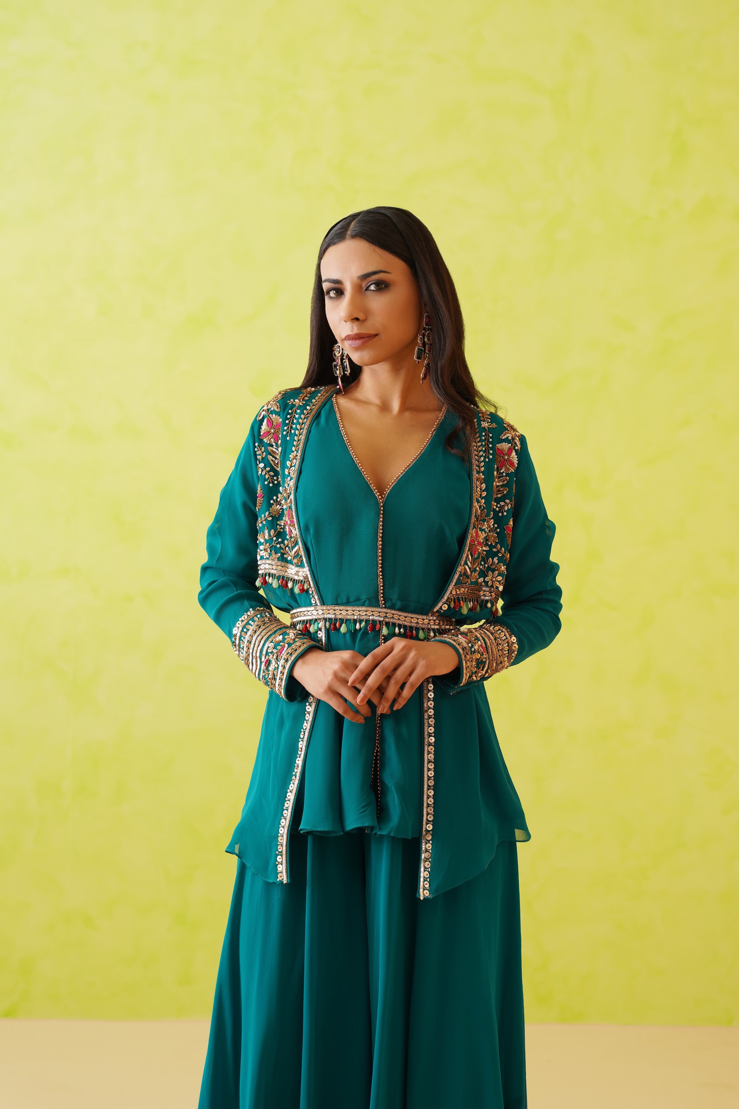GREEN JACKET LONG TOP AND SHARARA SET